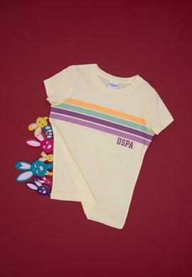 Kız Çocuk Krem Bisiklet Yaka Renkli Çizgi Baskılı Pamuk Tişört - 50306253012