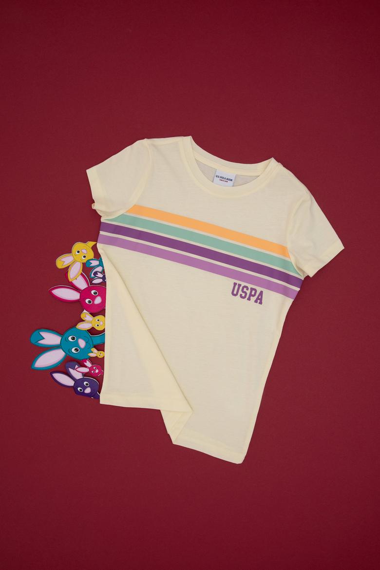 Kız Çocuk Krem Bisiklet Yaka Renkli Çizgi Baskılı Pamuk Tişört - 50306253012