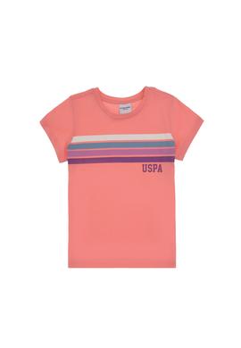 Kız Çocuk Pembe Bisiklet Yaka Renkli Çizgi Baskılı Pamuk Tişört - 50306253024