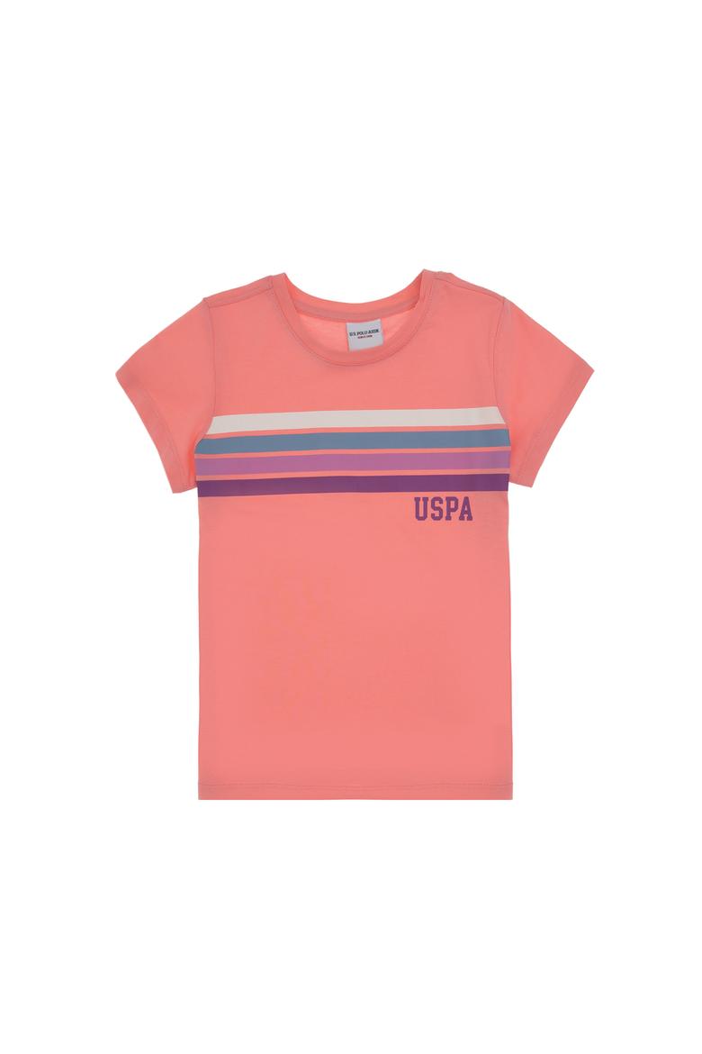 Kız Çocuk Pembe Bisiklet Yaka Renkli Çizgi Baskılı Pamuk Tişört - 50306253024