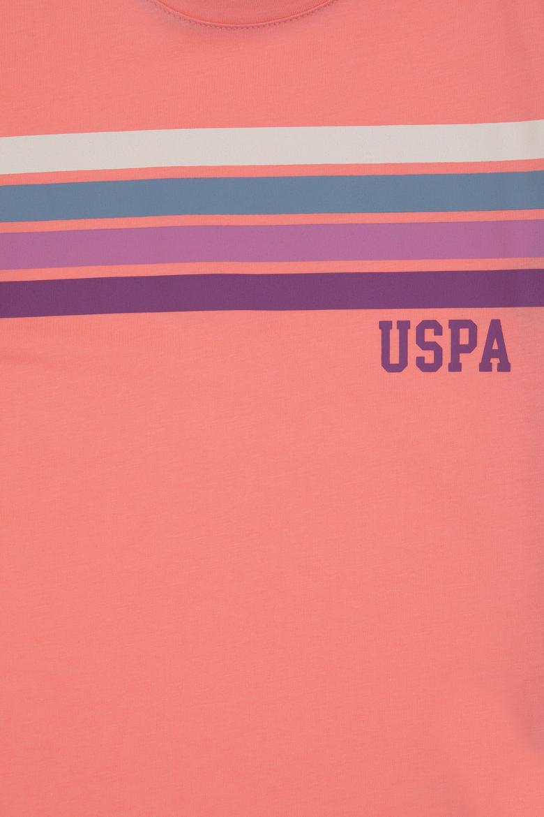 Kız Çocuk Pembe Bisiklet Yaka Renkli Çizgi Baskılı Pamuk Tişört - 50306253024