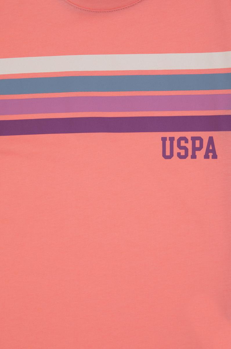 Kız Çocuk Pembe Bisiklet Yaka Renkli Çizgi Baskılı Pamuk Tişört