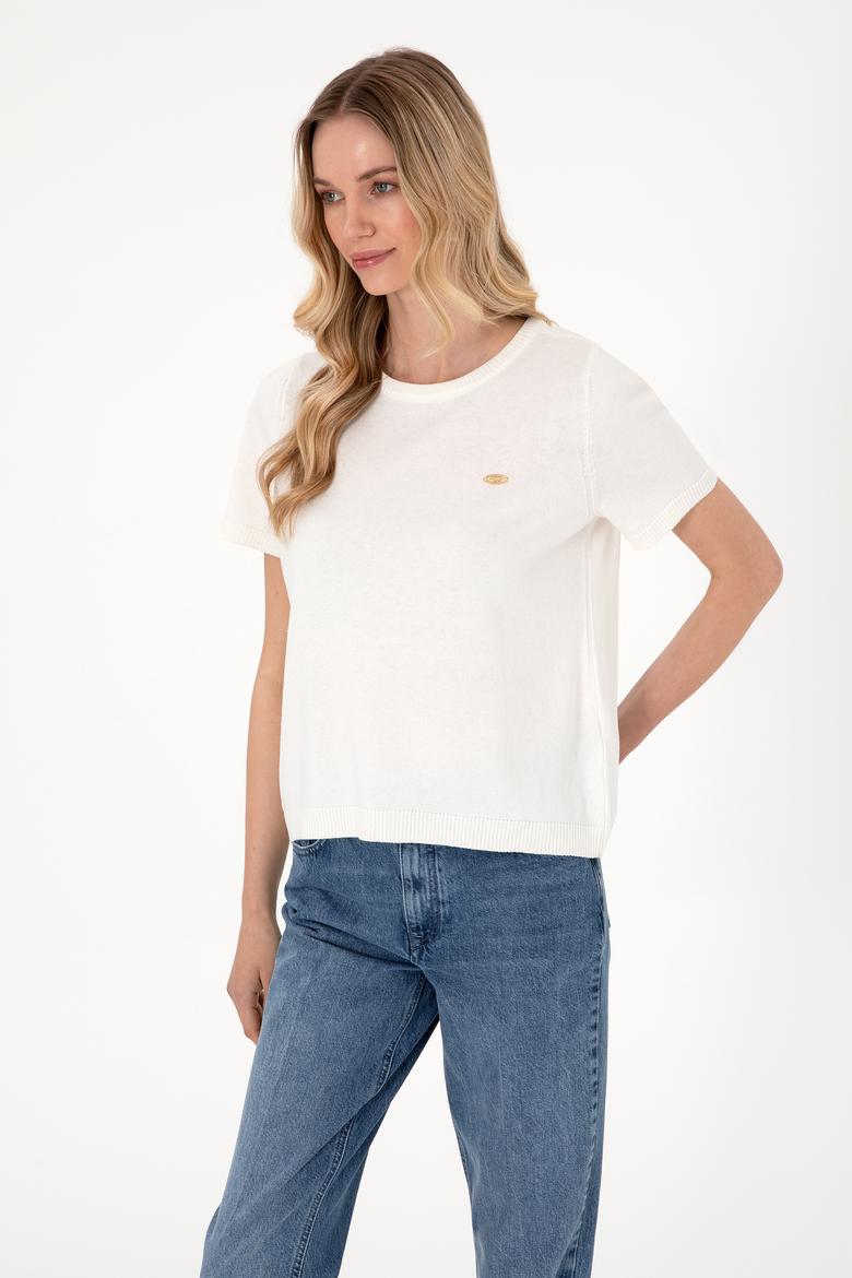 Kadın Beyaz Bisiklet Yaka Triko Tişört - 50306460011