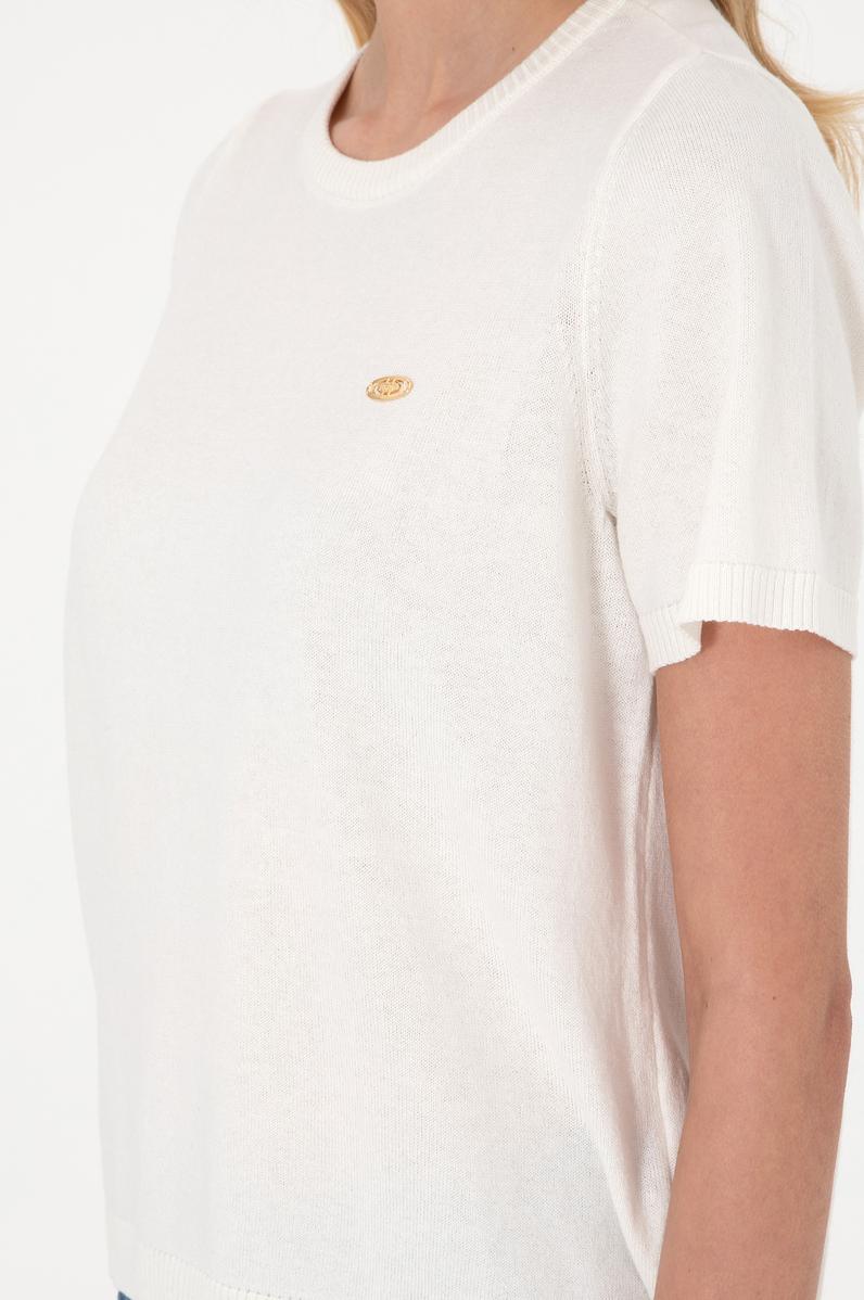 Kadın Beyaz Bisiklet Yaka Triko Tişört