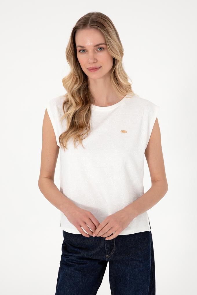 Kadın Ekru Kolsuz Bisiklet Yaka Tişört