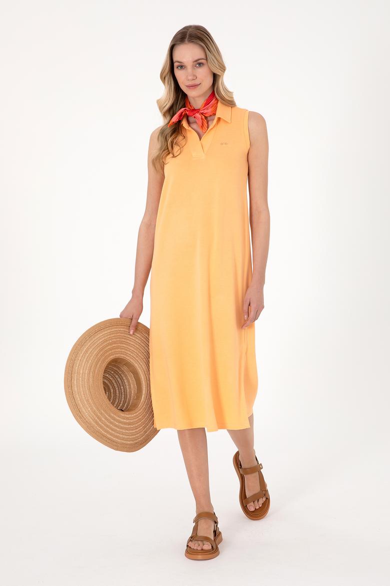 Kadın Turuncu Polo Yaka Midi Boy Örme Elbise