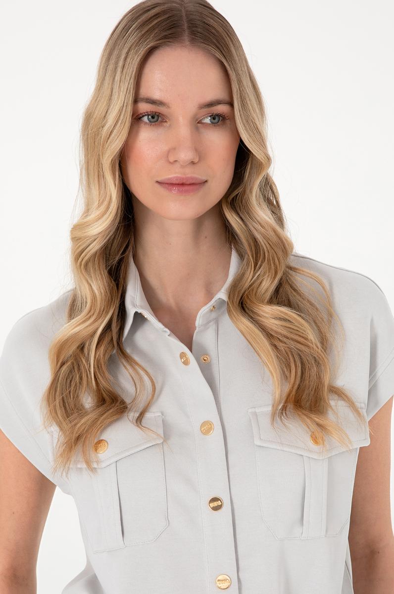 Kadın Taş Modal Karışımlı Kısa Kollu Polo Yaka Sweatshırt