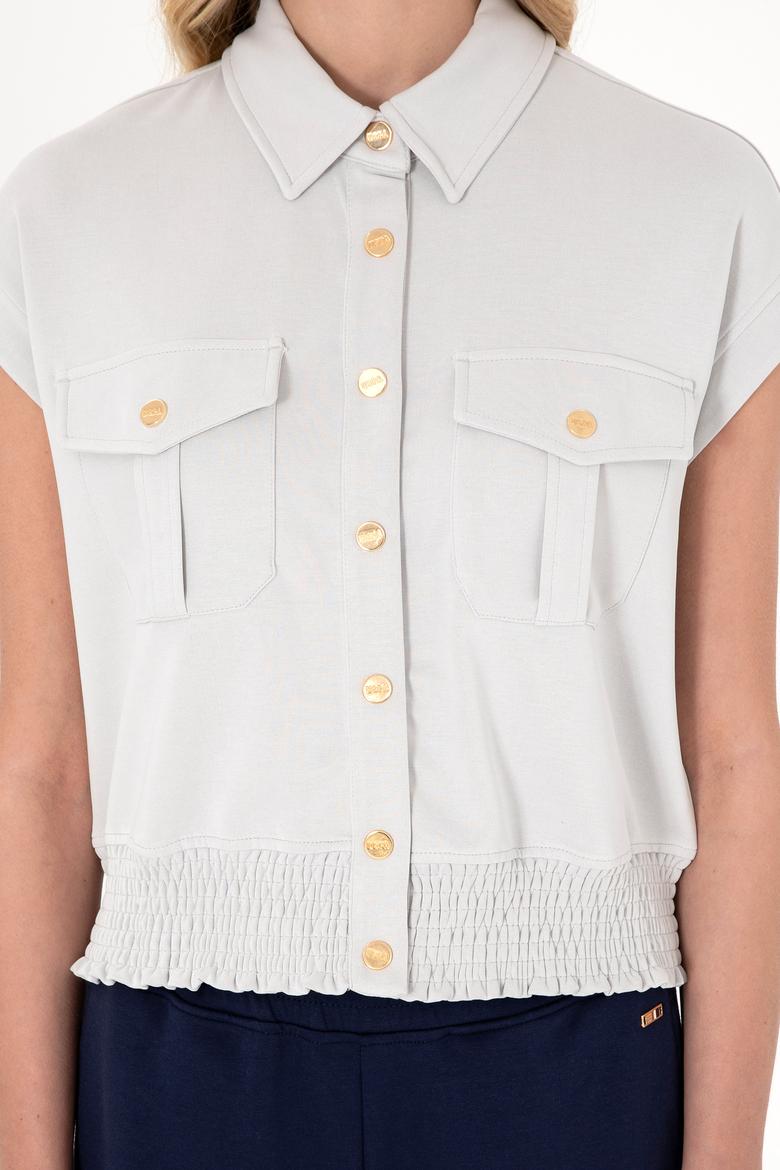 Kadın Taş Modal Karışımlı Kısa Kollu Polo Yaka Sweatshırt - 50300763015