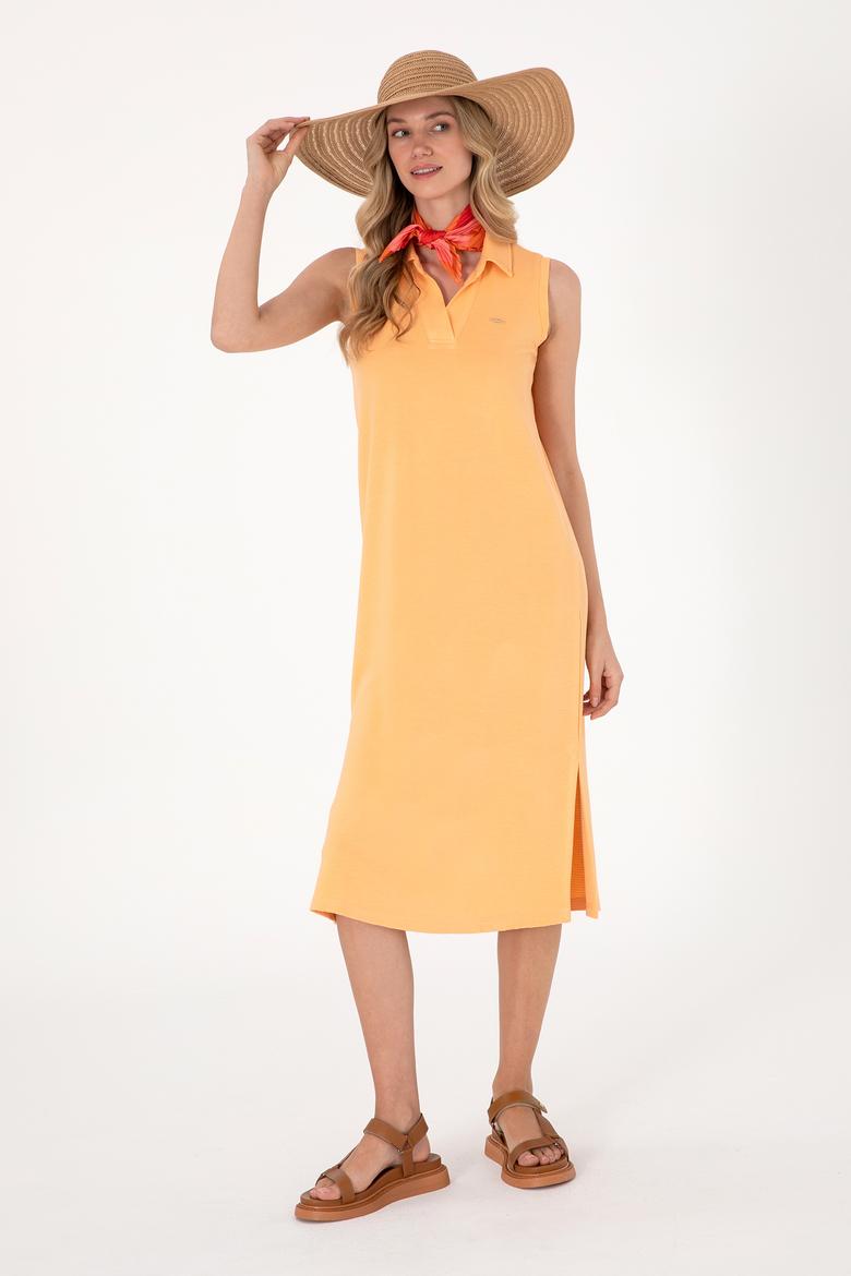 Kadın Turuncu Polo Yaka Midi Boy Örme Elbise - 50300674005