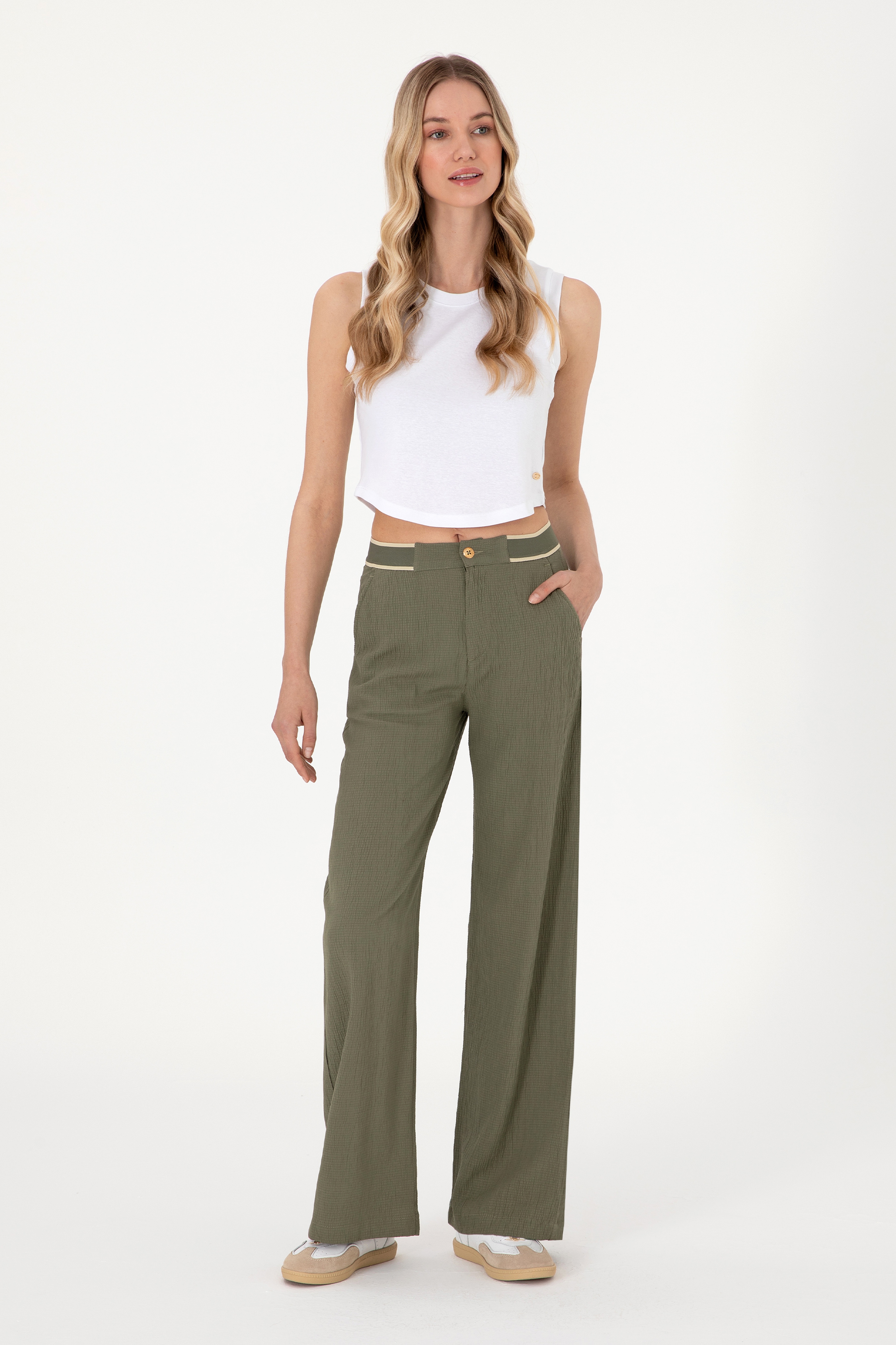 Kadın Koyu Haki Loose Fit Kanvas Pantolon - Image 1