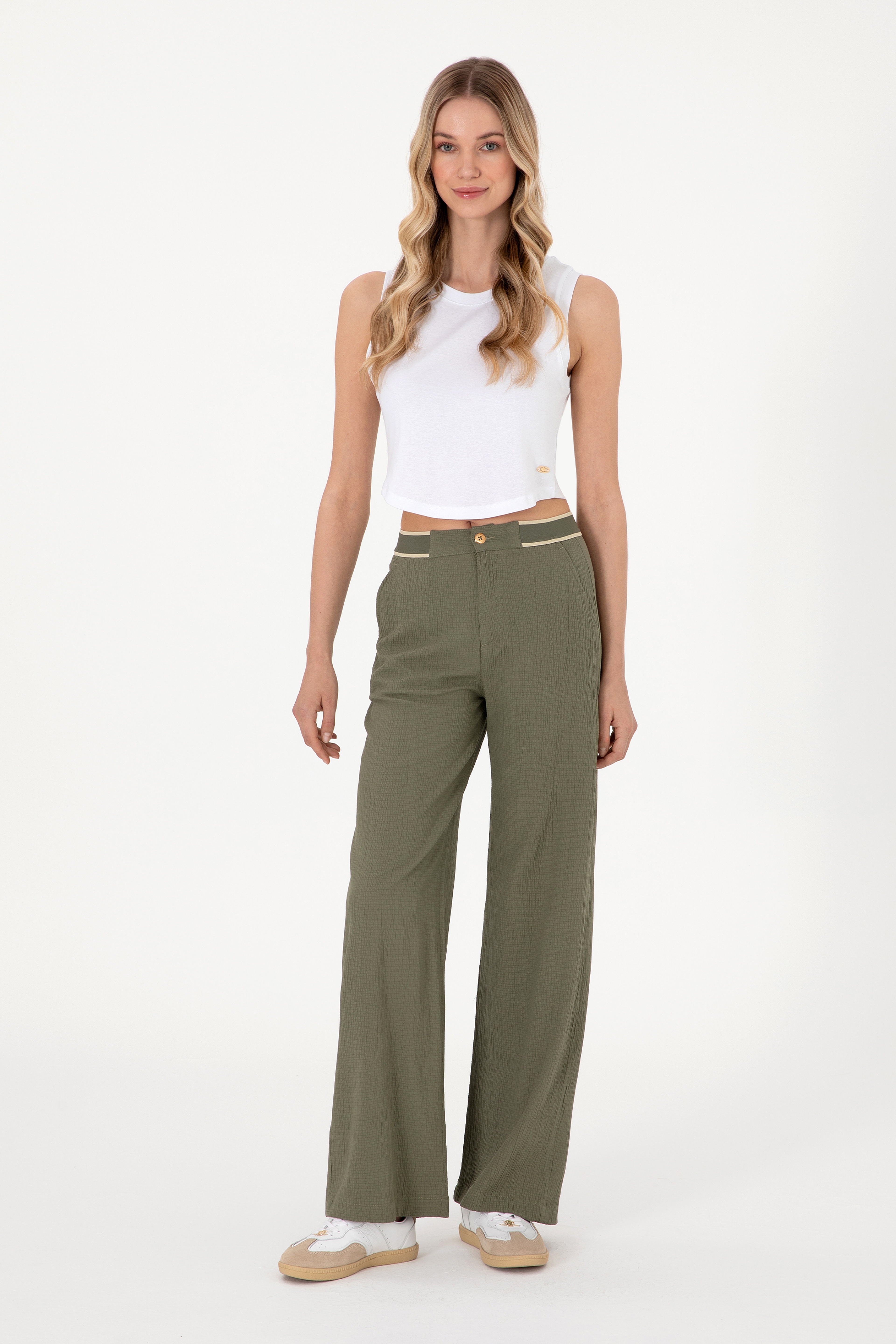 Kadın Koyu Haki Loose Fit Kanvas Pantolon