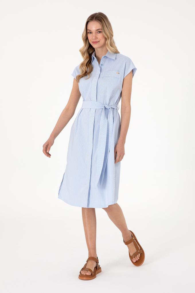 Kadın Mavi Çizgili Midi Boy Dokuma Elbise