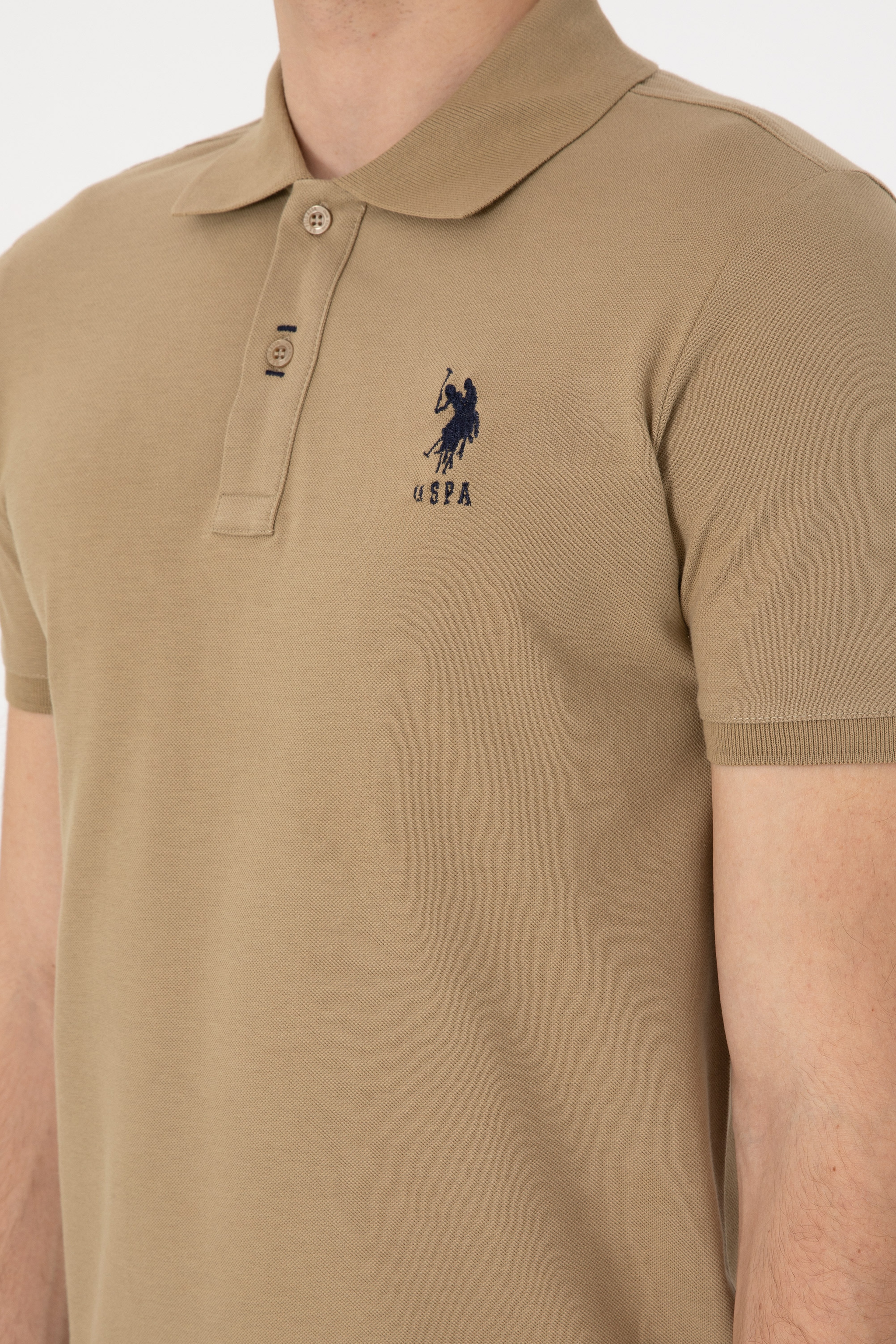 Erkek Slim Fit Polo Yaka Haki Basic Tişört