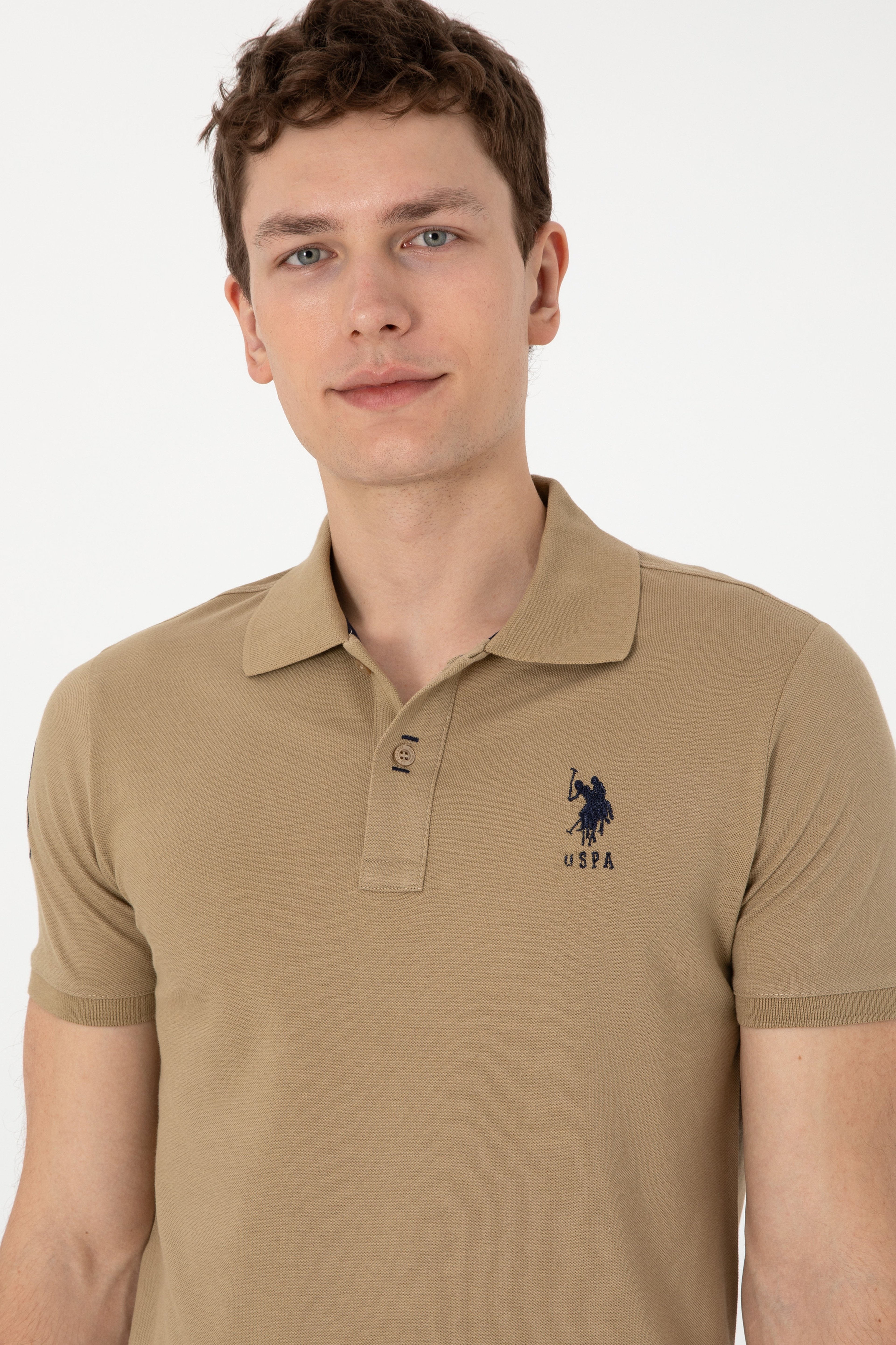 Erkek Slim Fit Polo Yaka Haki Basic Tişört - Image 2