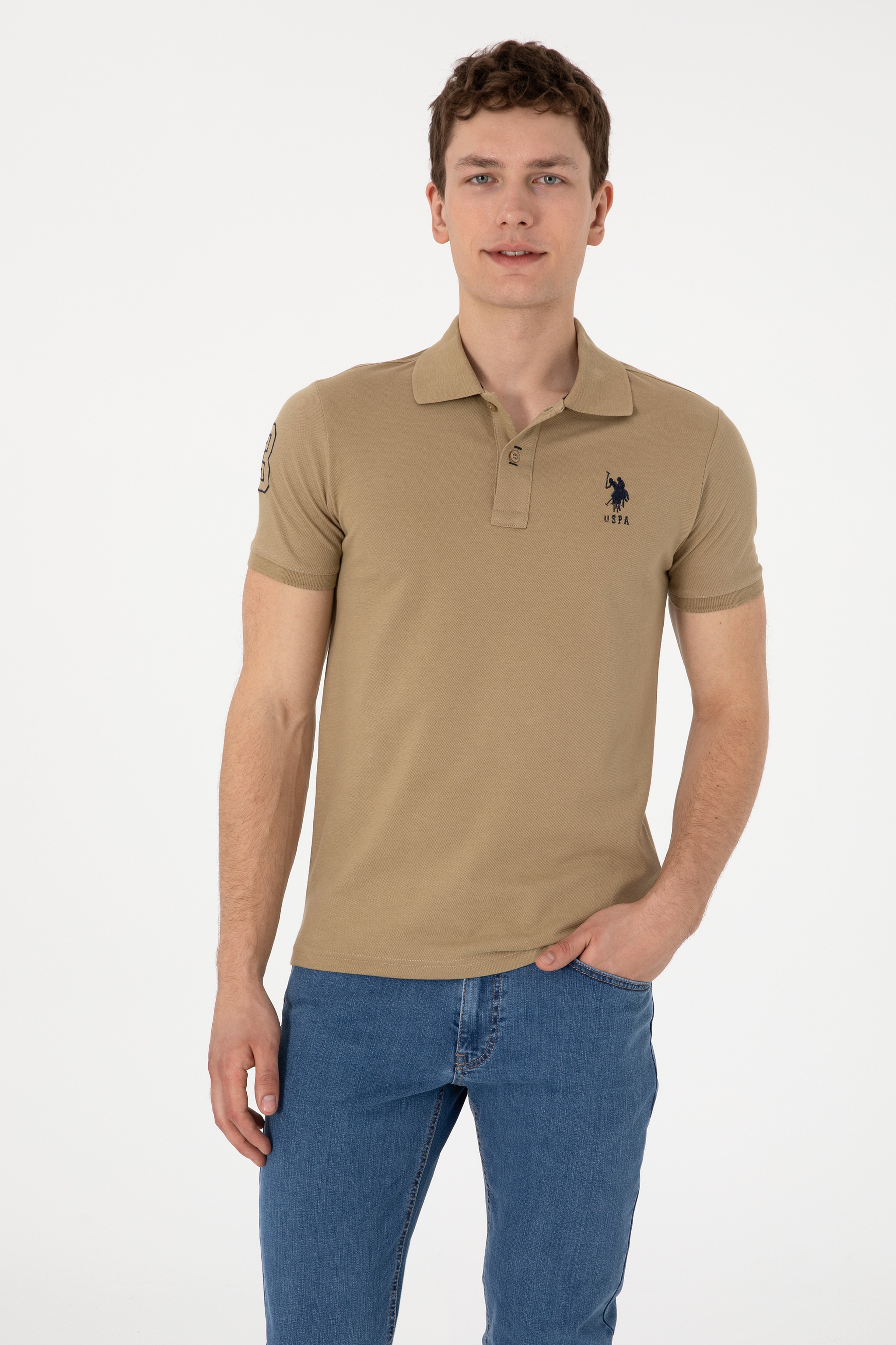 Erkek Slim Fit Polo Yaka Haki Basic Tişört - Image 1