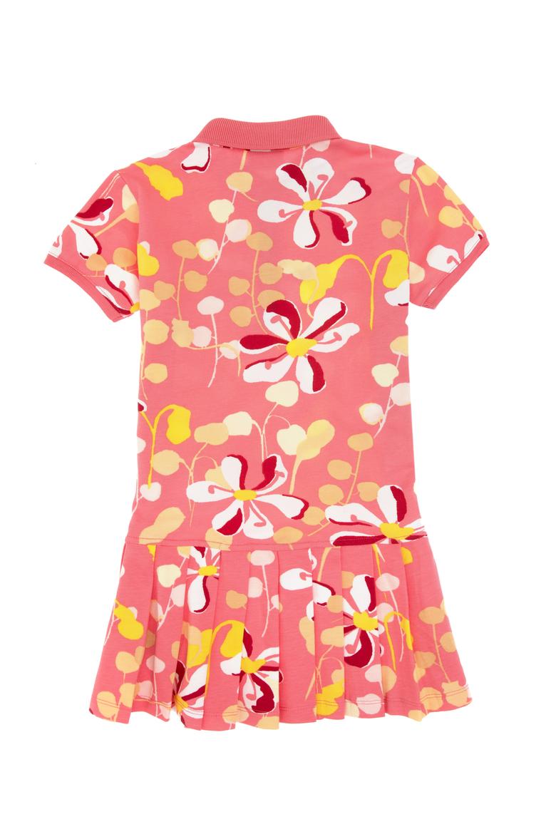 Kız Çocuk Pembe Polo Yaka Çiçek Desenli Pileli Örme Elbise - 50300956020