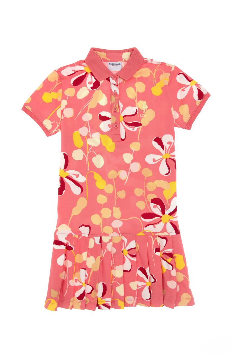 Kız Çocuk Pembe Polo Yaka Çiçek Desenli Pileli Örme Elbise - 50300956020