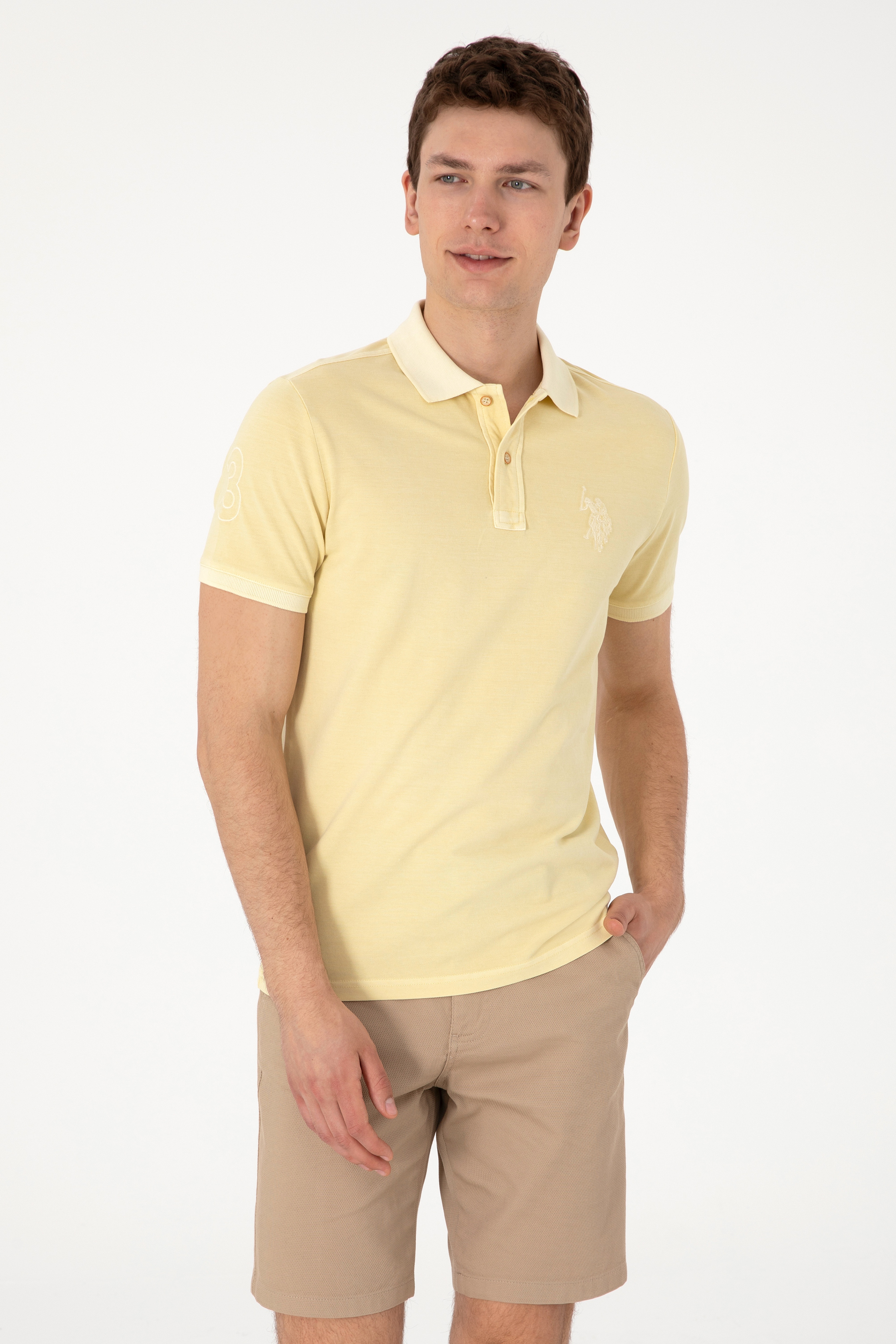 Erkek Slim Fit Polo Yaka Açık Haki Yıkamalı Basic Tişört