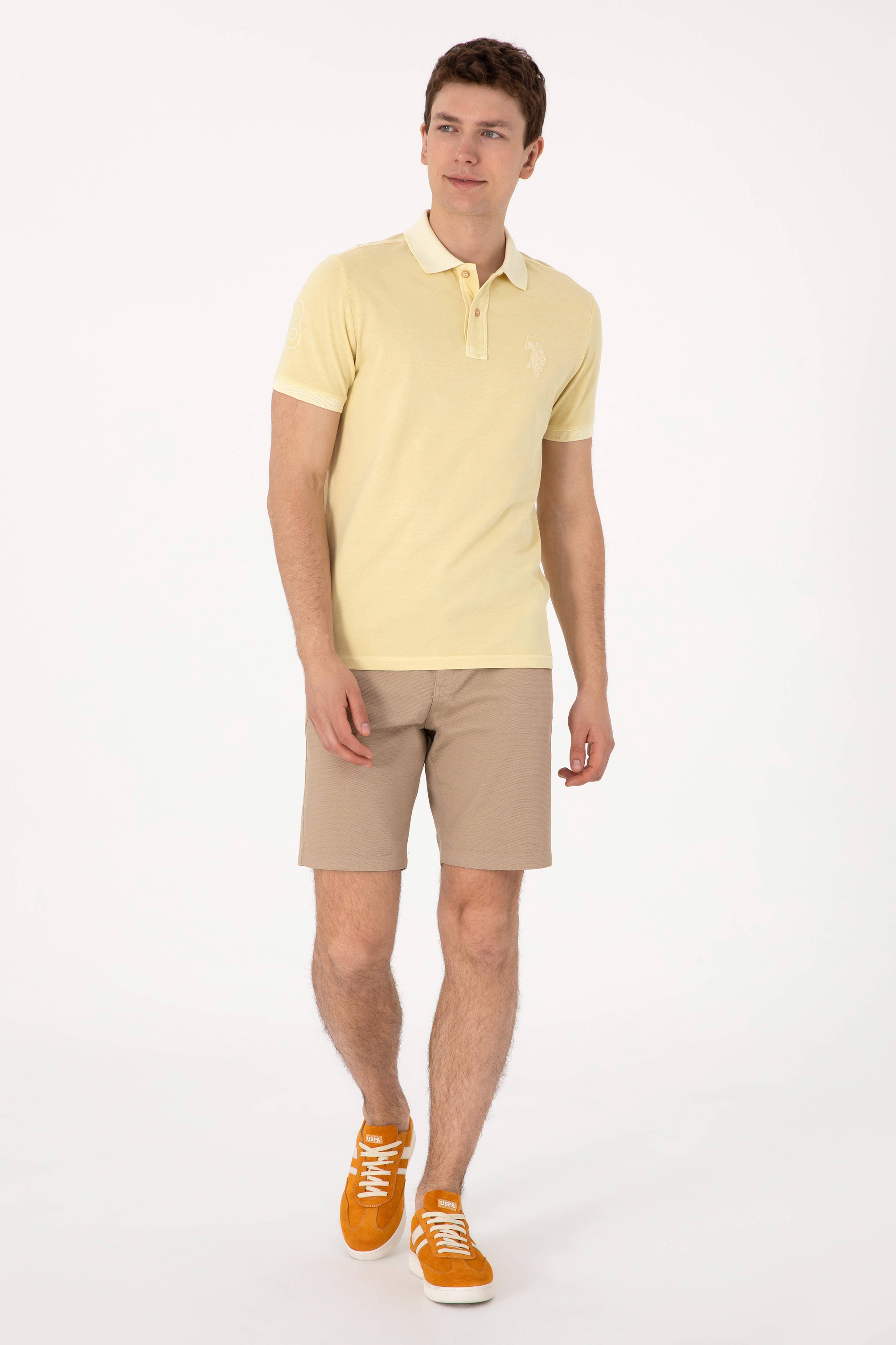 Erkek Slim Fit Polo Yaka Açık Haki Yıkamalı Basic Tişört
