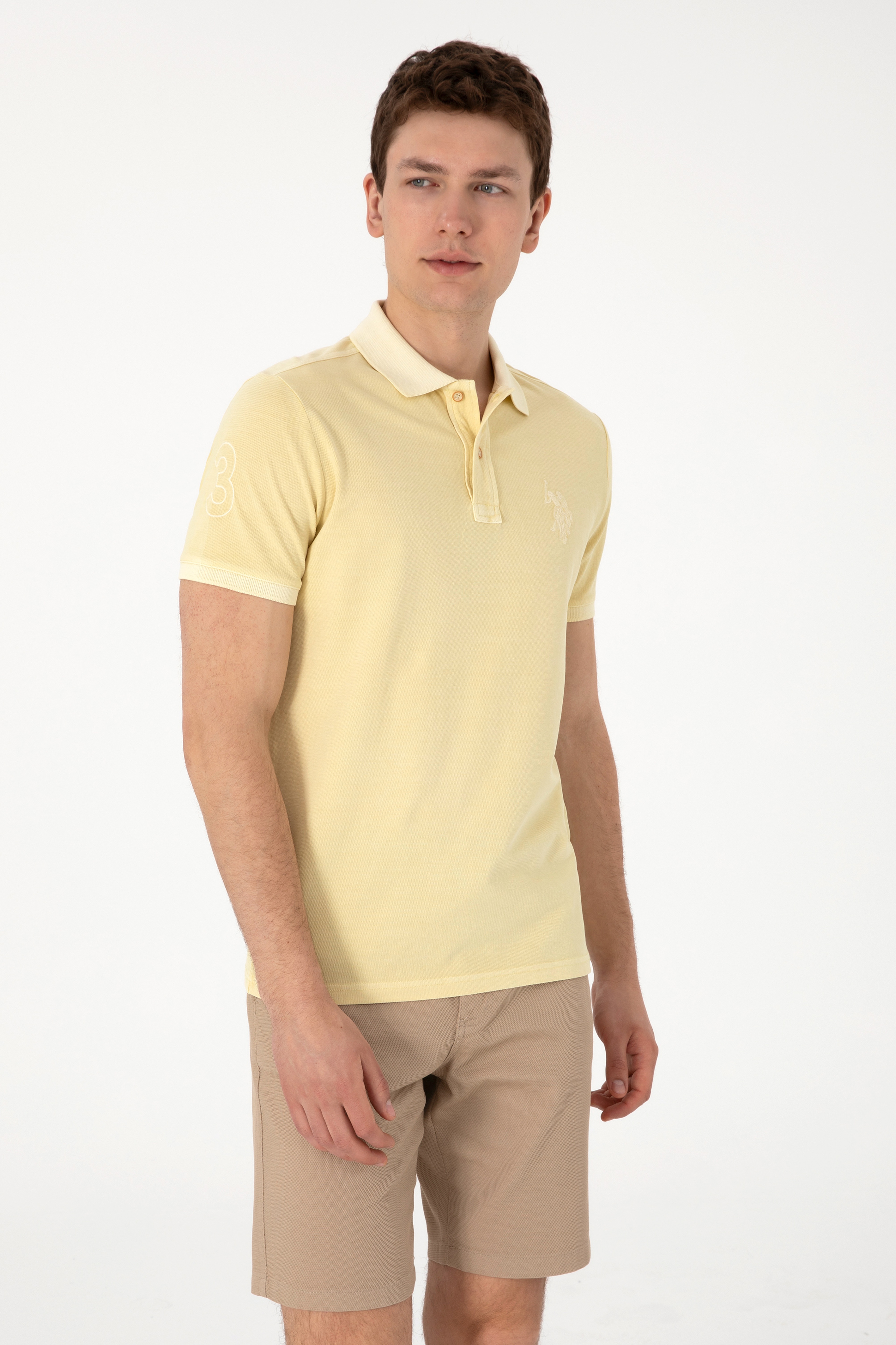 Erkek Slim Fit Polo Yaka Açık Haki Yıkamalı Basic Tişört - Image 3