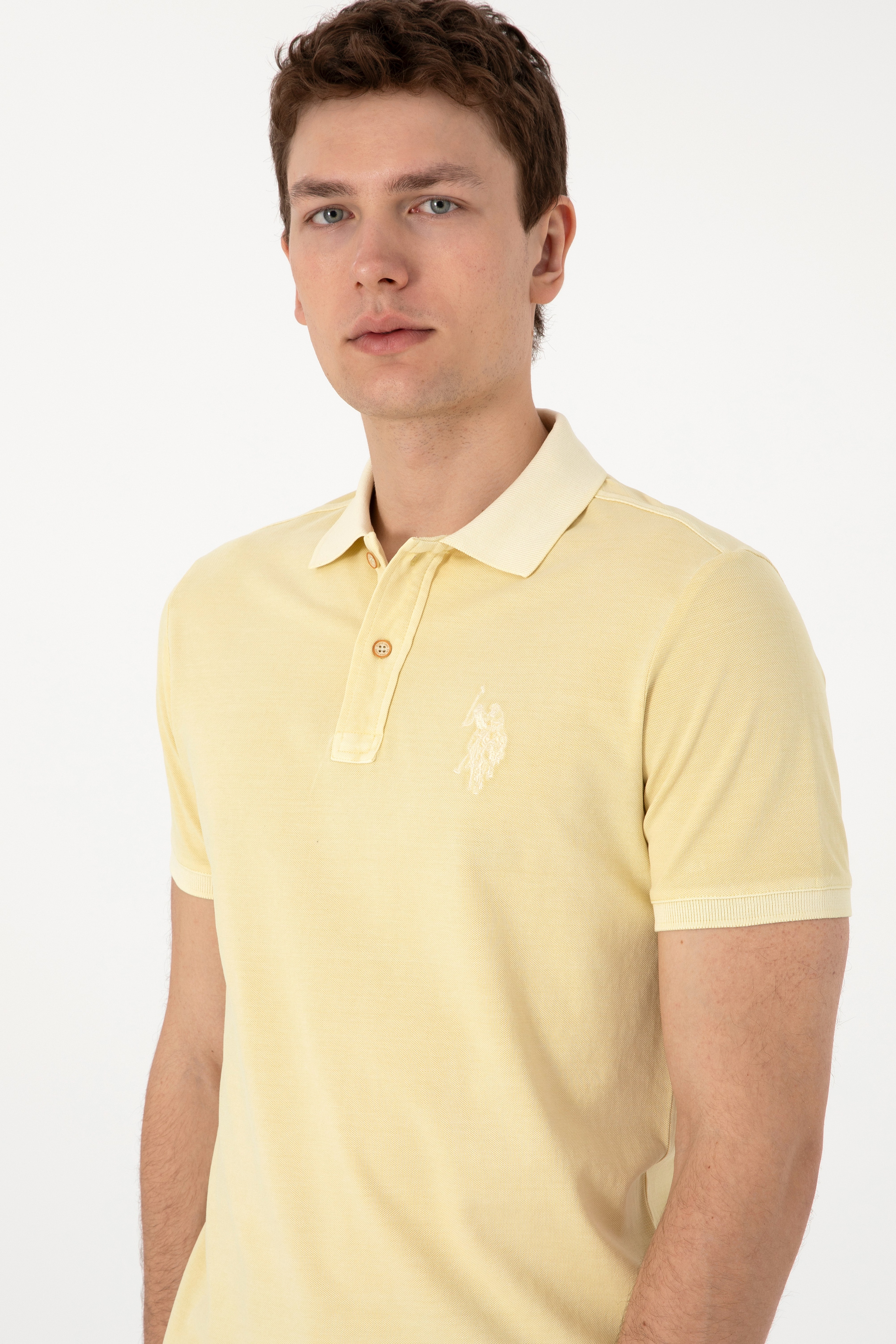 Erkek Slim Fit Polo Yaka Açık Haki Yıkamalı Basic Tişört