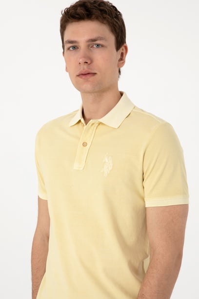 Erkek Slim Fit Polo Yaka Açık Haki Yıkamalı Basic Tişört