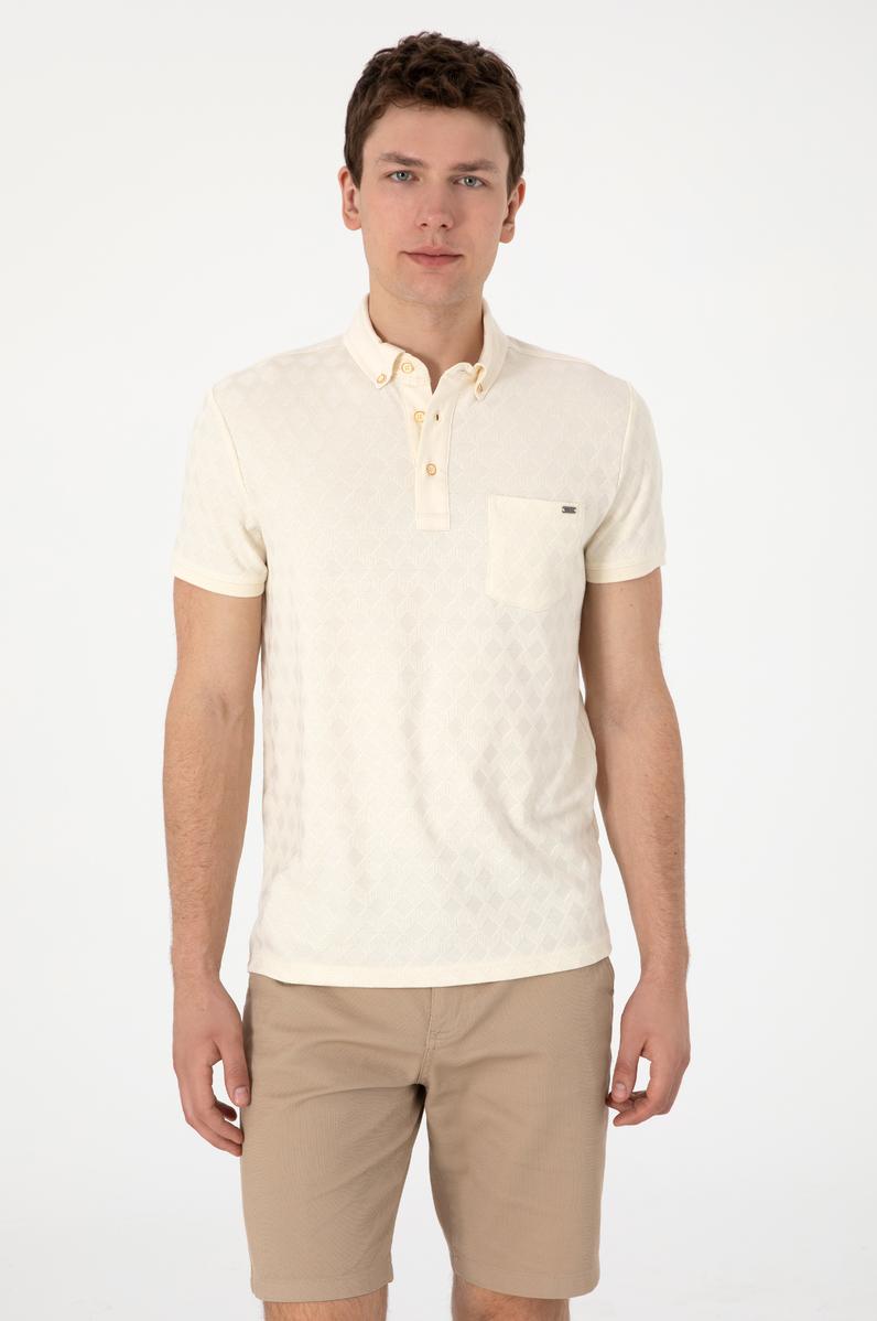 Erkek Slim Fit Polo Yaka Cepli Krem Dokulu Tişört