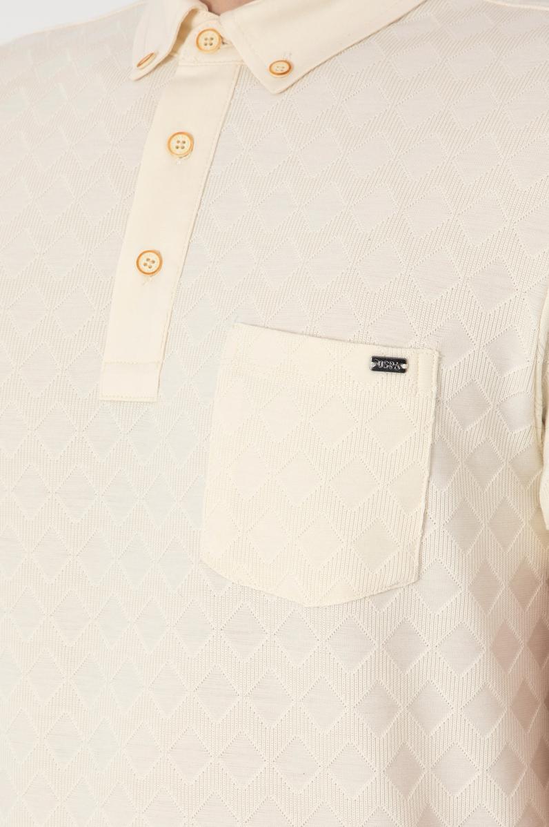 Erkek Slim Fit Polo Yaka Cepli Krem Dokulu Tişört