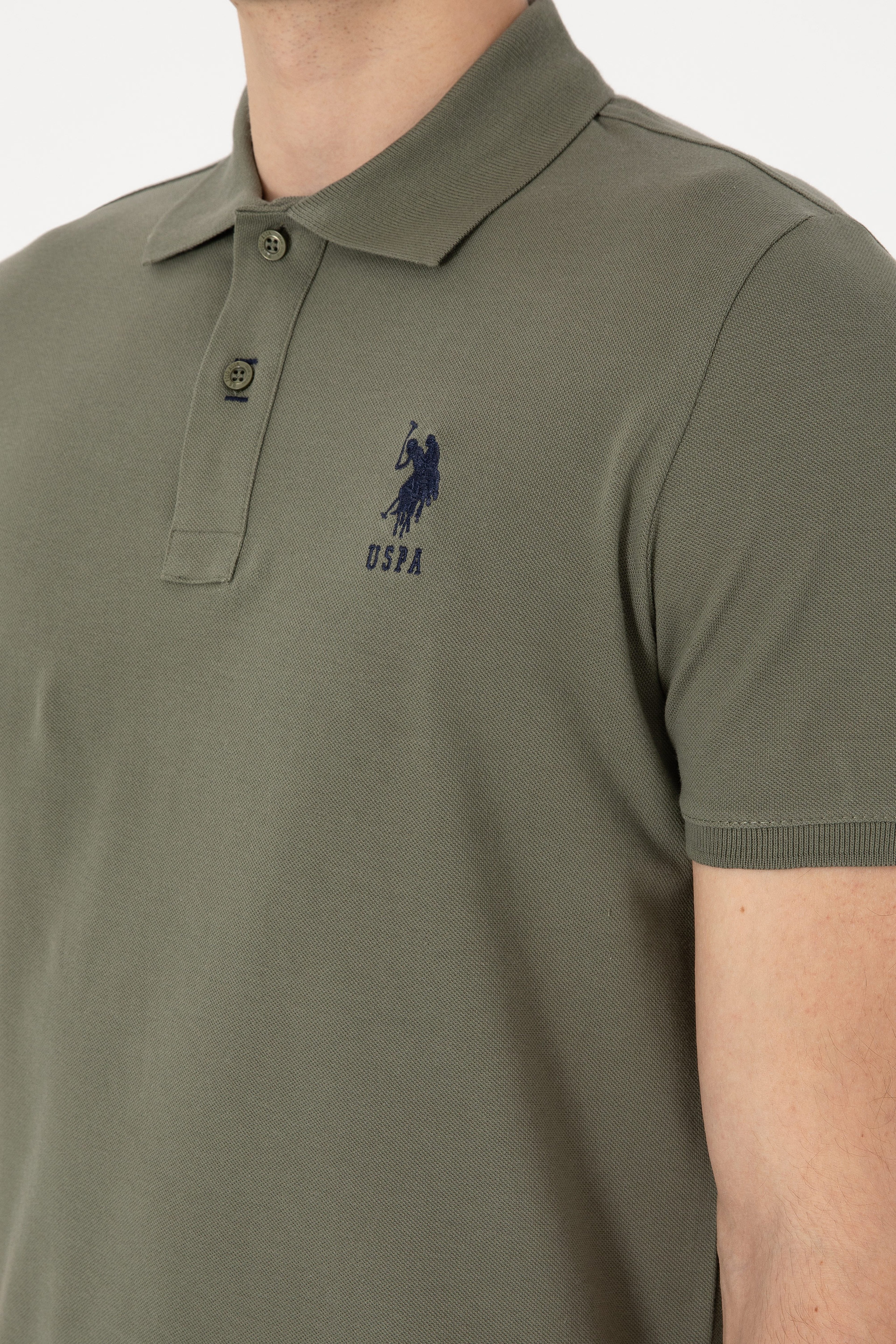 Erkek Slim Fit Polo Yaka Koyu Haki Basic Tişört