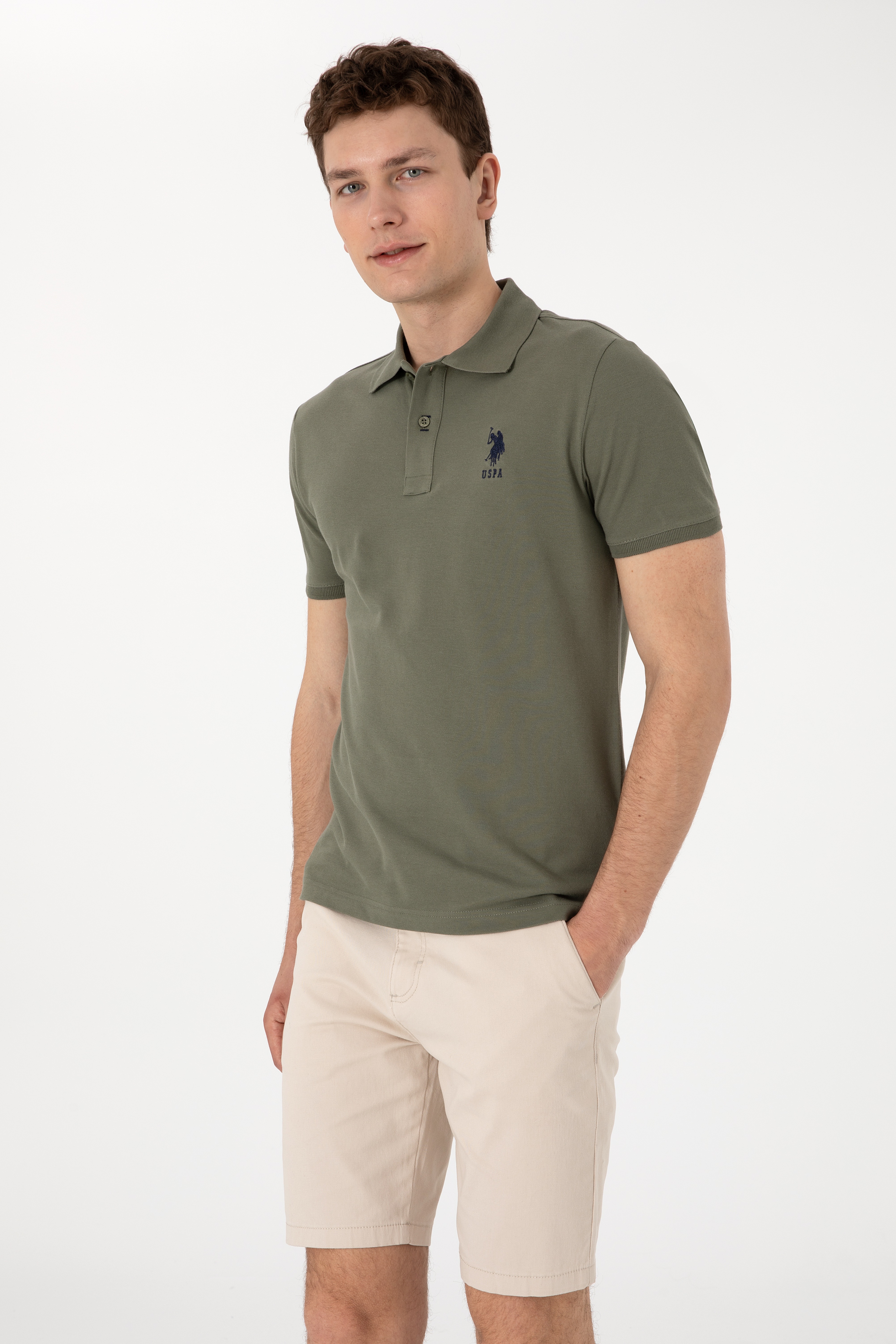 Erkek Slim Fit Polo Yaka Koyu Haki Basic Tişört