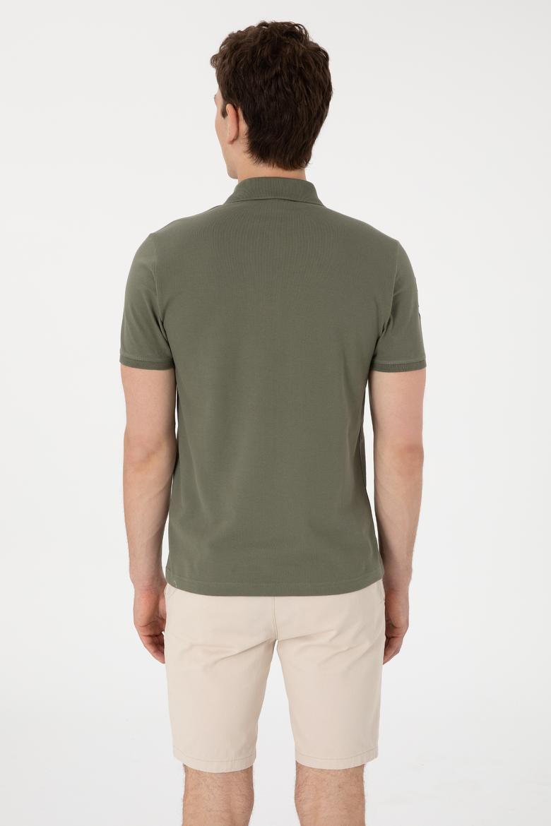 Erkek Slim Fit Polo Yaka Koyu Haki Basic Tişört - 50305929188