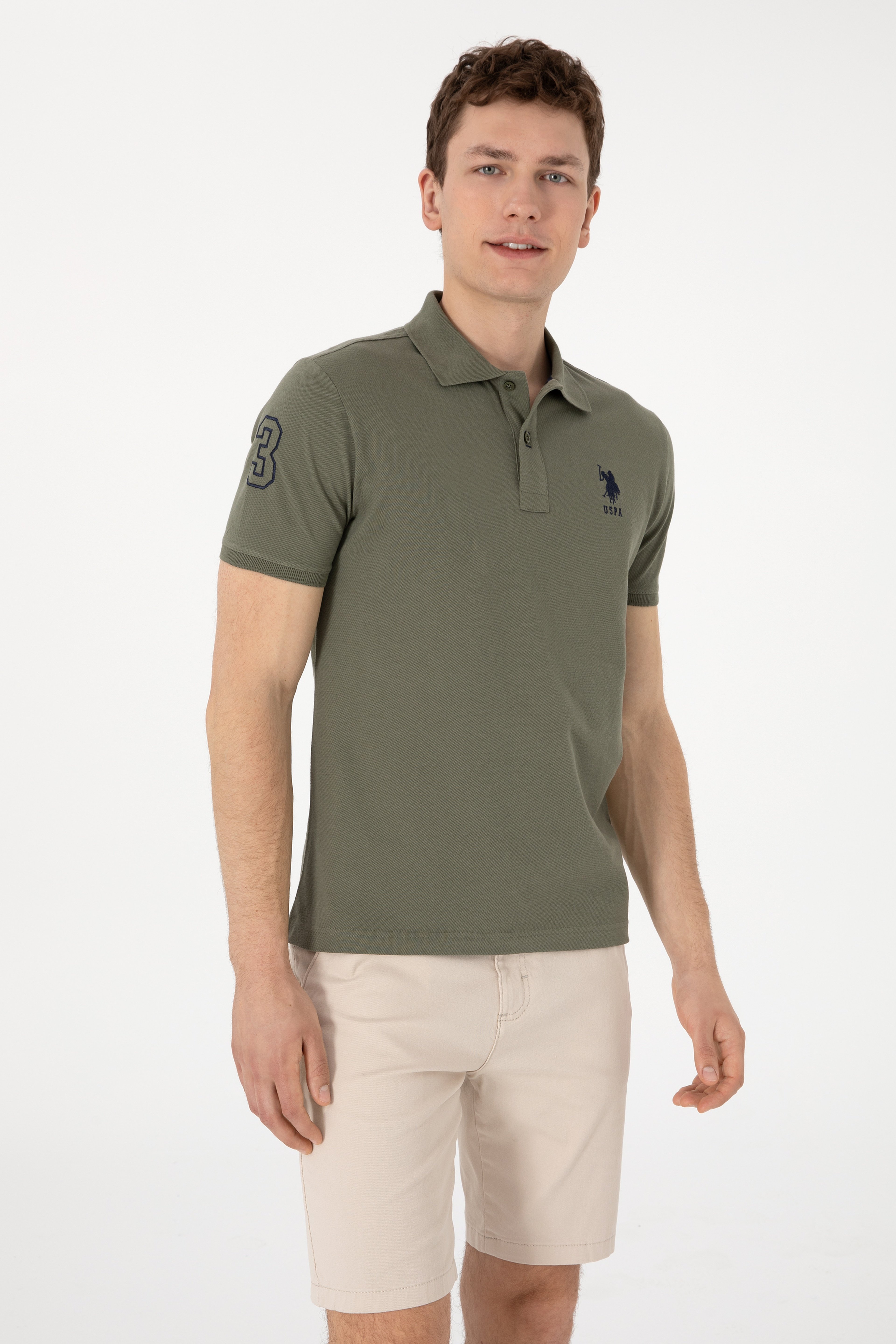 Erkek Slim Fit Polo Yaka Koyu Haki Basic Tişört - Image 1