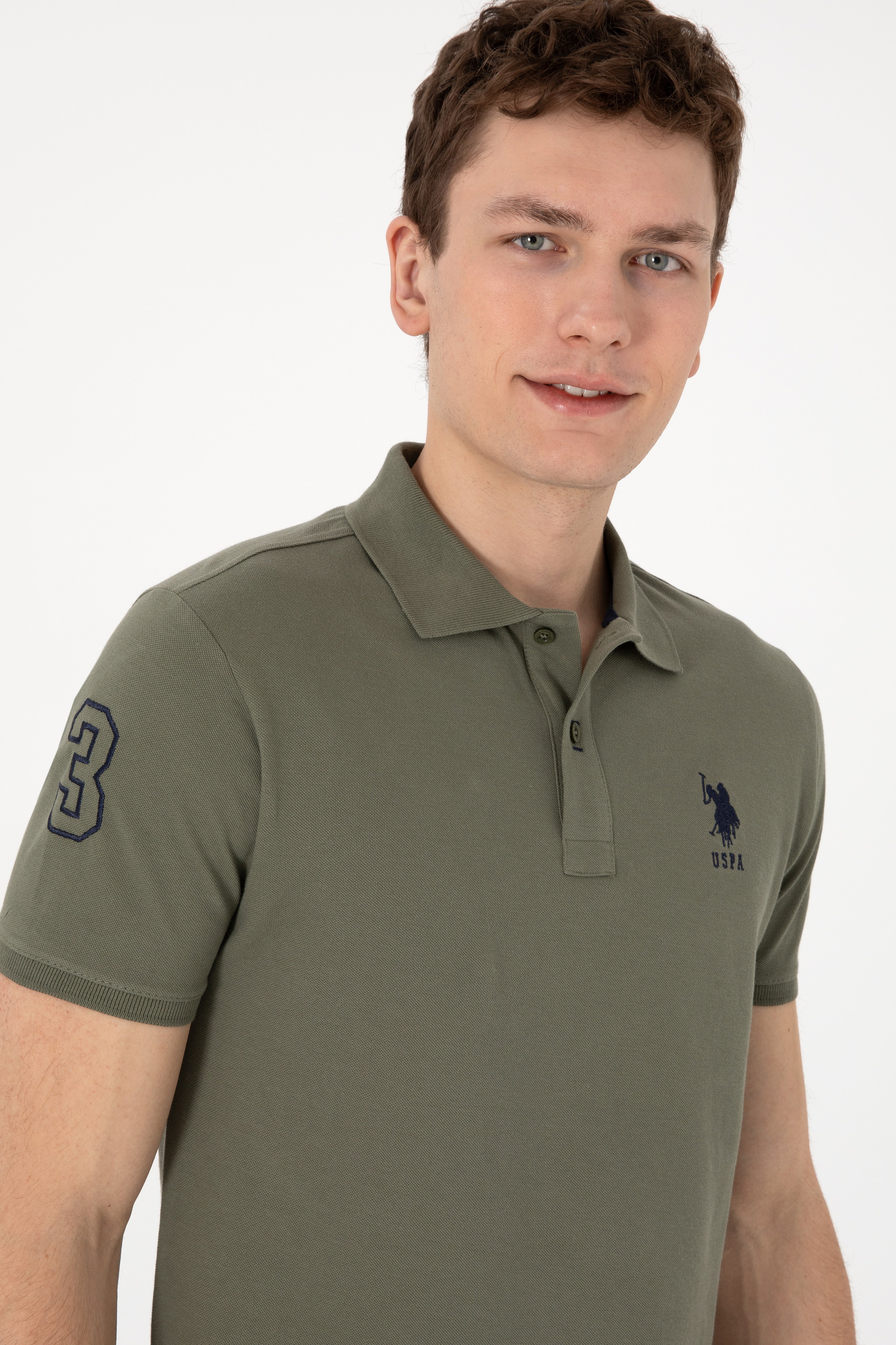 Erkek Slim Fit Polo Yaka Koyu Haki Basic Tişört - Image 2