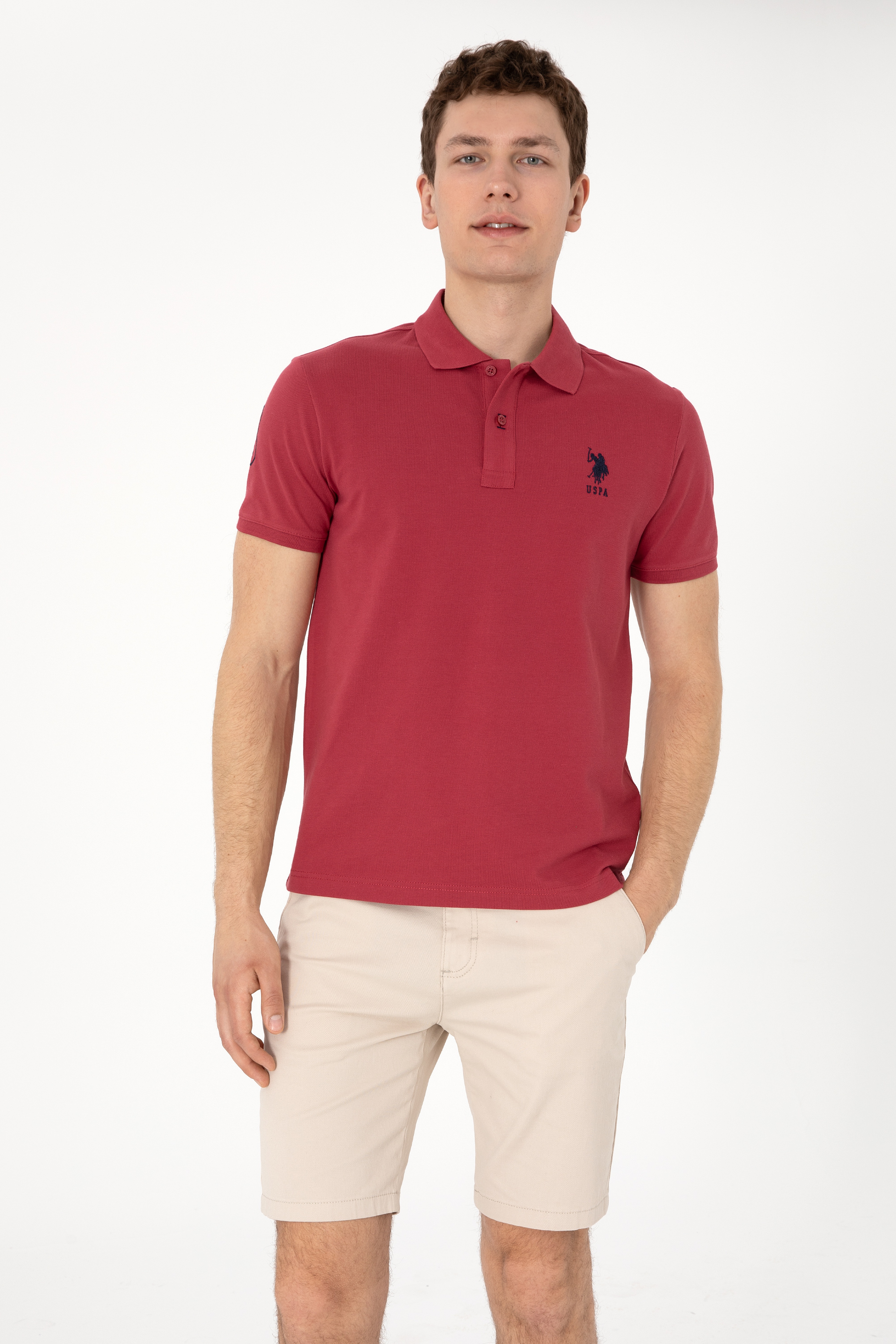 Erkek Slim Fit Polo Yaka Vişne Basic Tişört - Image 1