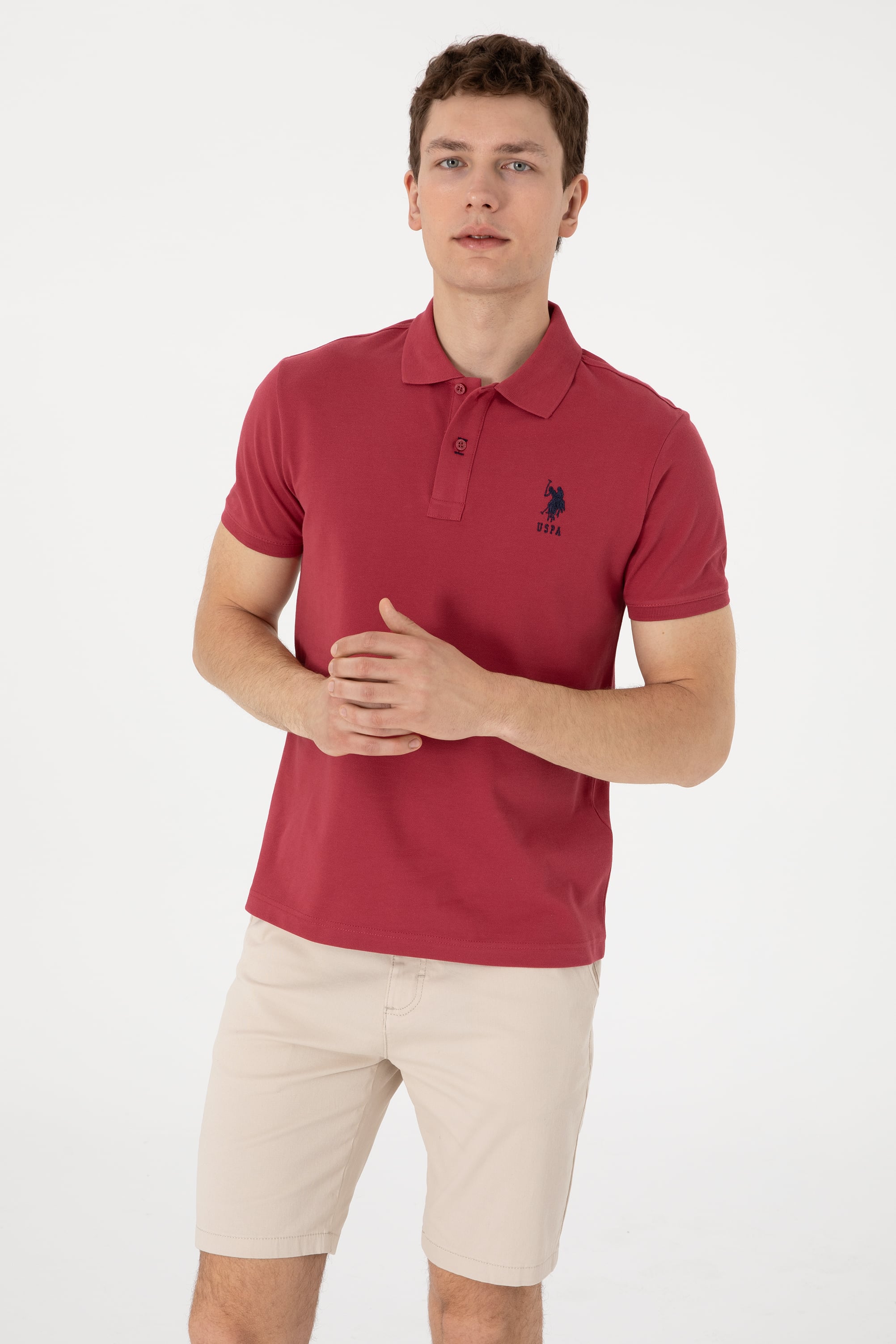 Erkek Slim Fit Polo Yaka Vişne Basic Tişört - Image 3
