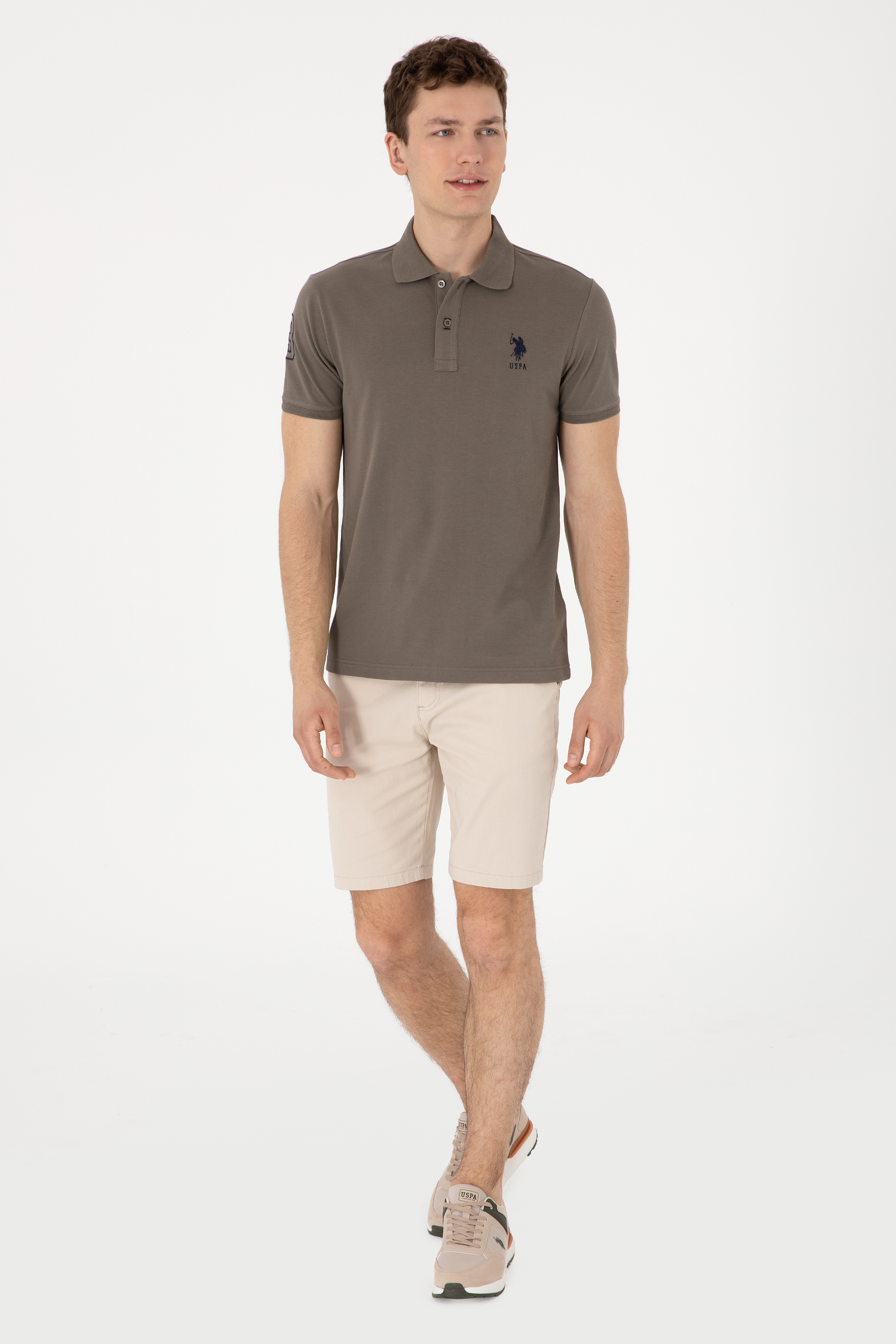 Erkek Slim Fit Polo Yaka Vizon Basic Tişört - Image 4