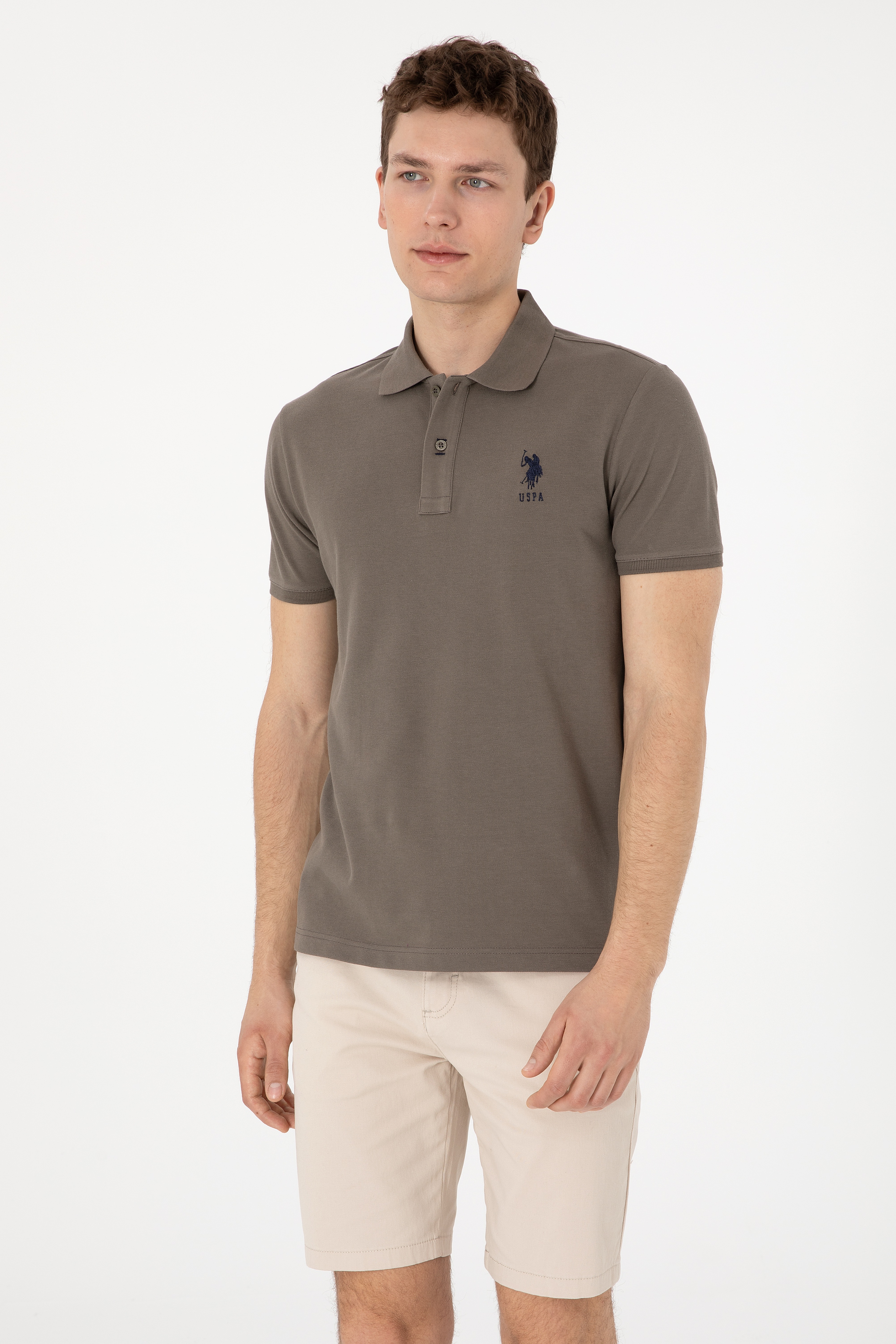 Erkek Slim Fit Polo Yaka Vizon Basic Tişört - Image 3