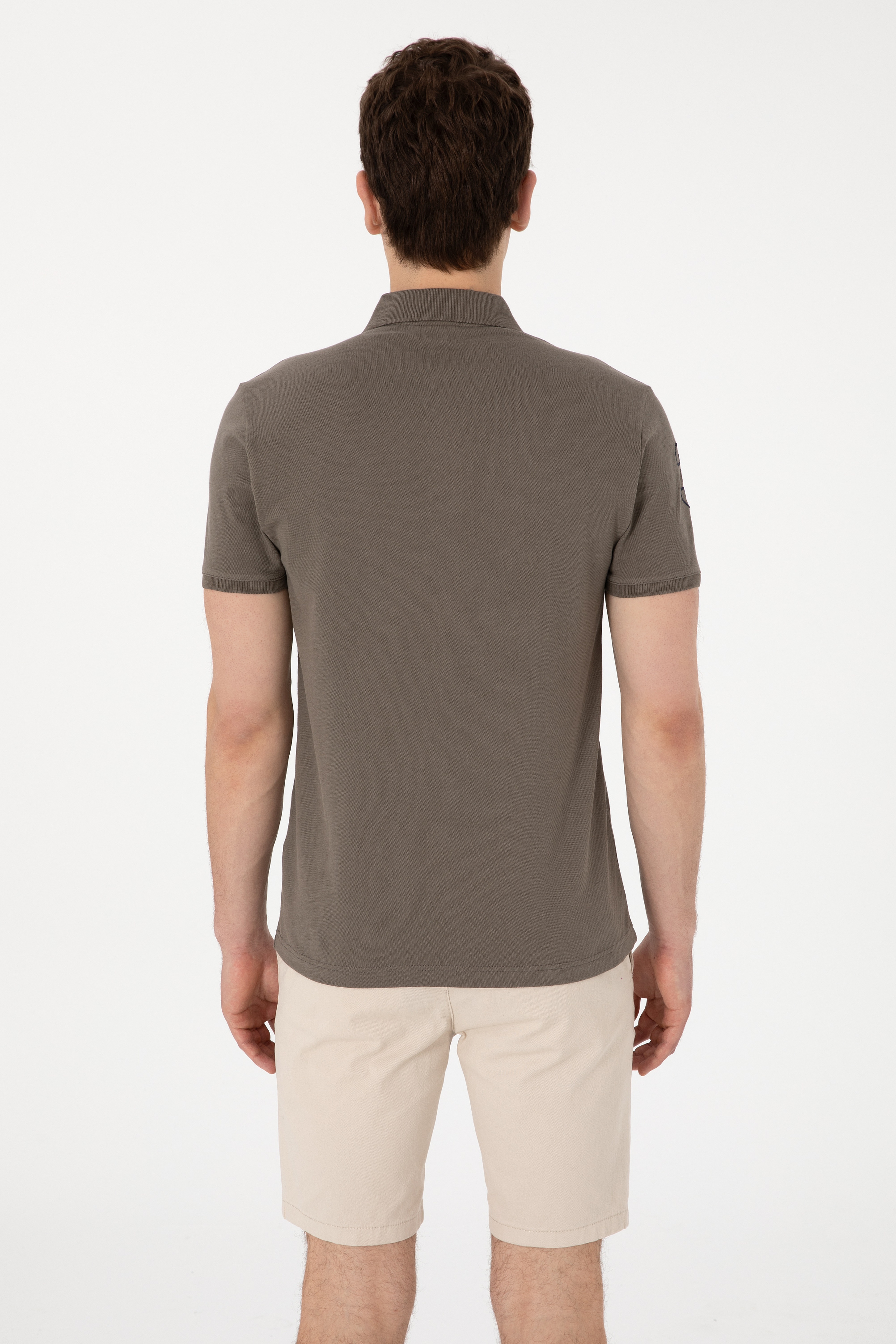 Erkek Slim Fit Polo Yaka Vizon Basic Tişört - Image 5
