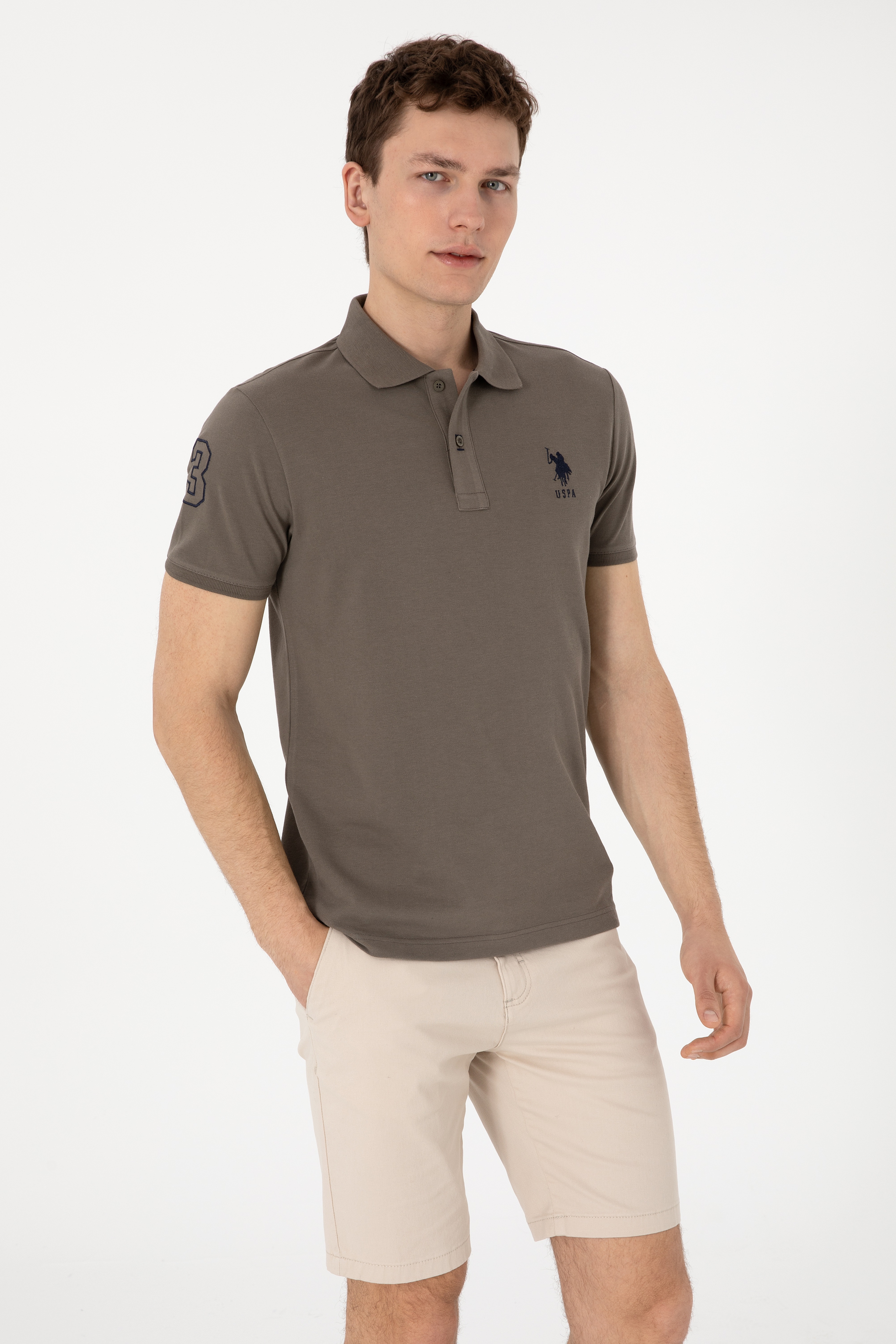 Erkek Slim Fit Polo Yaka Vizon Basic Tişört - Image 1