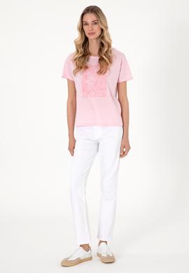 Kadın Açık Pembe Desenli Bisiklet Yaka Tişört - 50305843029