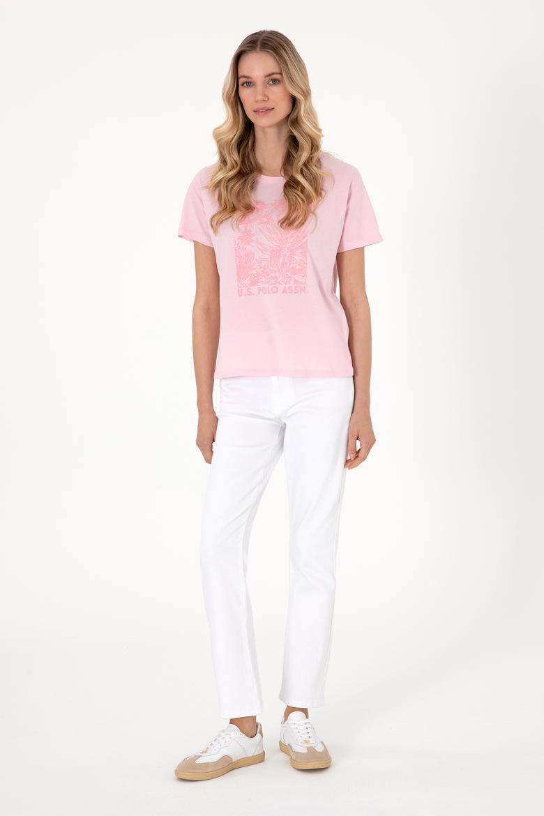 Kadın Açık Pembe Desenli Bisiklet Yaka Tişört - 50305843029