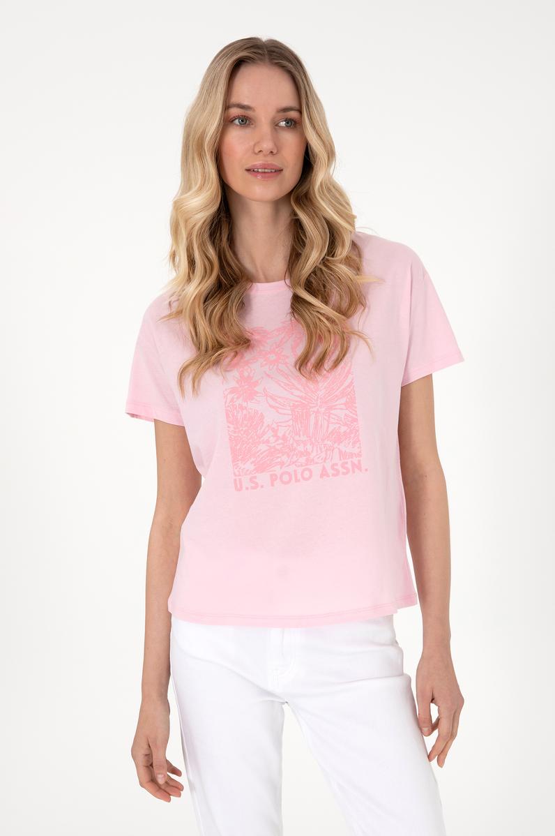 Kadın Açık Pembe Desenli Bisiklet Yaka Tişört