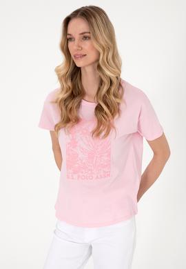 Kadın Açık Pembe Desenli Bisiklet Yaka Tişört - 50305843029