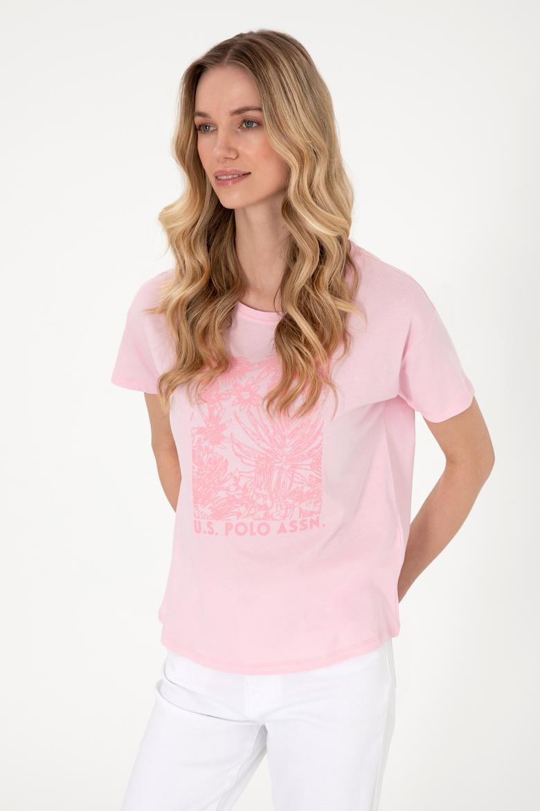 Kadın Açık Pembe Desenli Bisiklet Yaka Tişört - 50305843029