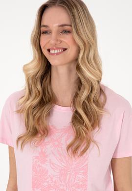 Kadın Açık Pembe Desenli Bisiklet Yaka Tişört - 50305843029