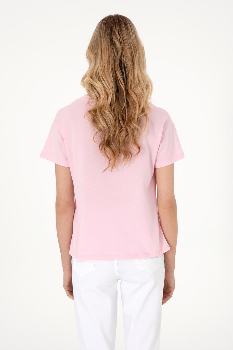 Kadın Açık Pembe Desenli Bisiklet Yaka Tişört - 50305843029