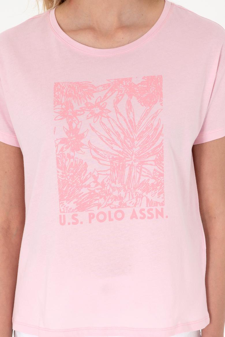 Kadın Açık Pembe Desenli Bisiklet Yaka Tişört - 50305843029