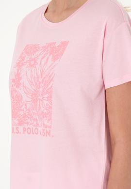 Kadın Açık Pembe Desenli Bisiklet Yaka Tişört - 50305843029