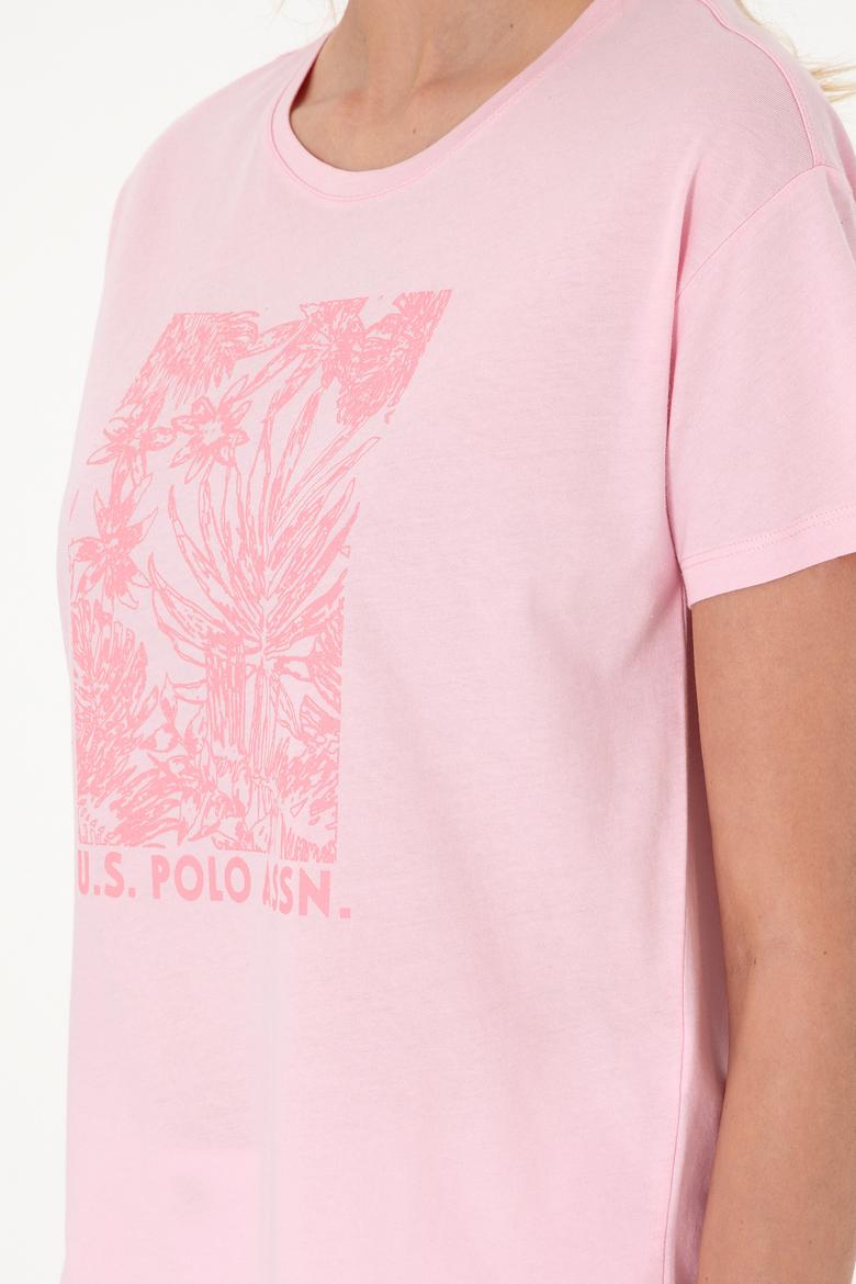 Kadın Açık Pembe Desenli Bisiklet Yaka Tişört - 50305843029