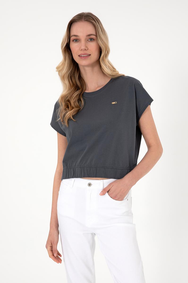 Kadın Antrasit Bisiklet Yaka Tişört